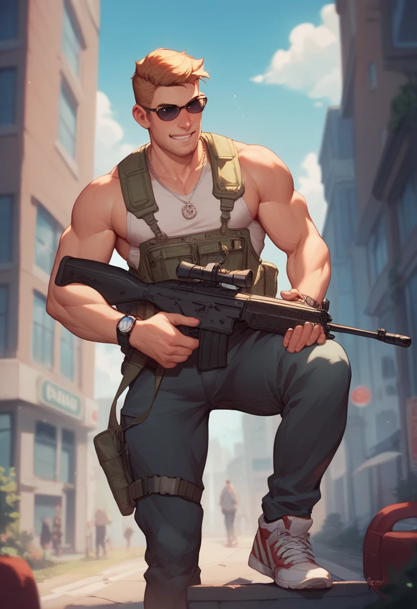 scenario: first guy dominating over second guy b trampling him, assault rifle