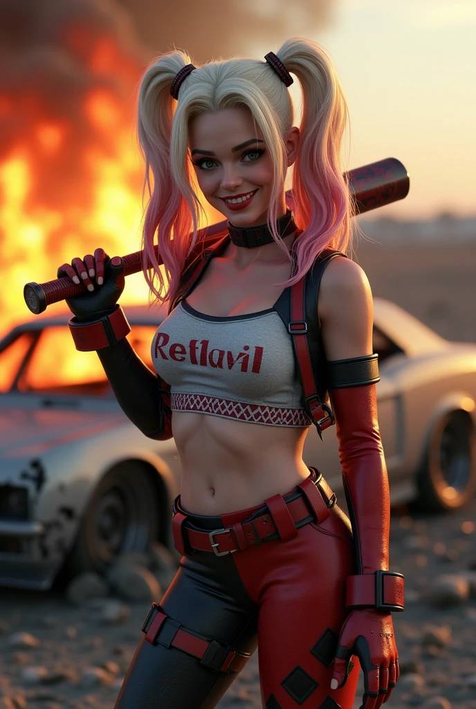 Harley Quinn sitting on a burning car. She has a great ass that strains the fabric of her pants. She's wearing her tiny short shorts and tight t-shirt look. She's smiling a toothy smile. Beautiful smile. She's stunningly beautiful (perky breasts) (onion booty) (apple bottom) (UHD)