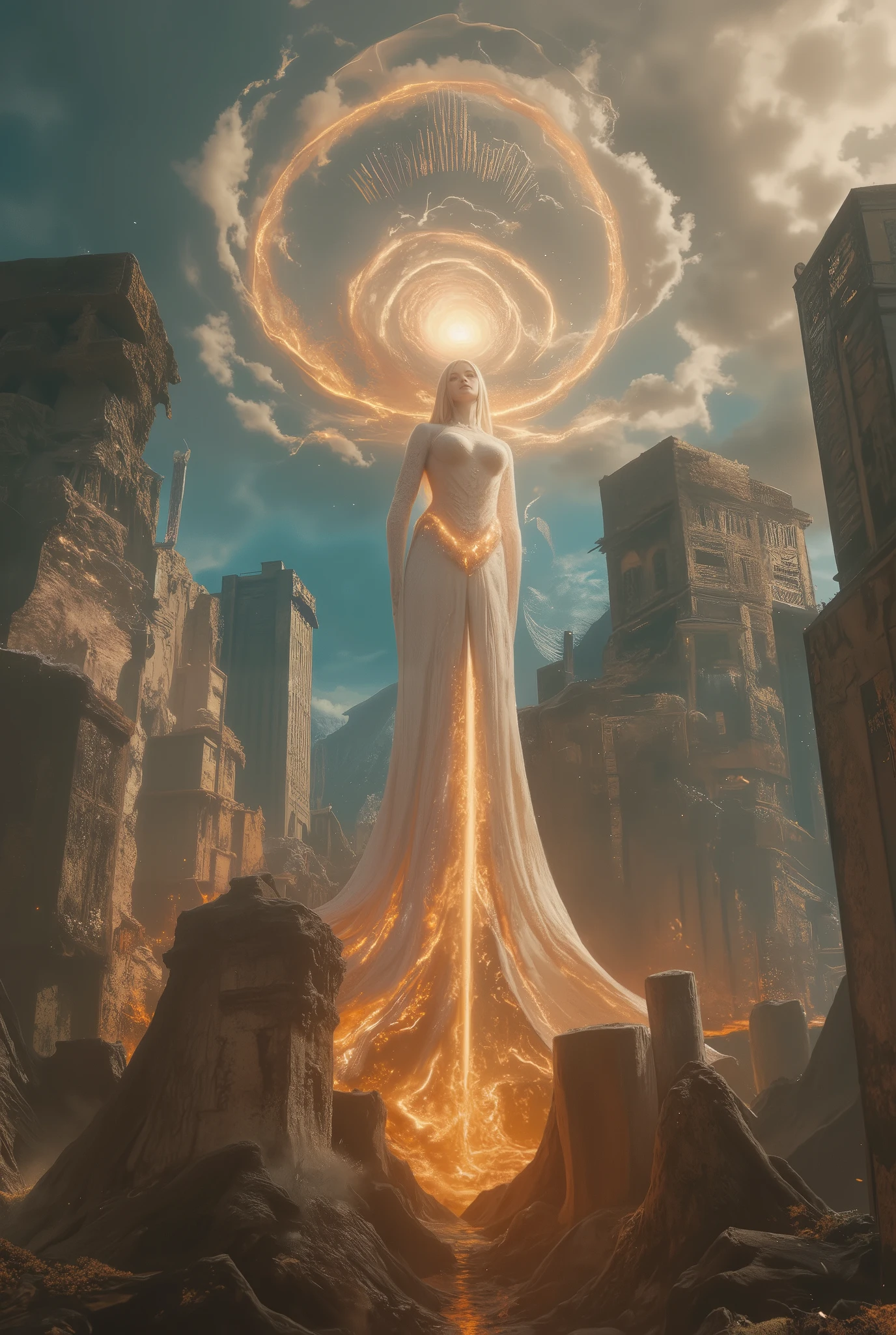 , (8k, top quality, Masterpiece , Final Fantasy Style: 1.2), ( realistic , photo realistic : 1.37), super detailed, ,Dreamy,A surreal mixed fantasy world,Combination of realistic and fantastical elements , magical effects , The Battle Between Good and Evil, ( Swirling Fire:1),universe, ((( the sky cracks due to the magic emitted by the witch, Cracked Sky, The sky breaks like glass , Strain , black clouds spring up from Crack ))), thunder, eruption, Magic Rim , Complex Patterns ,