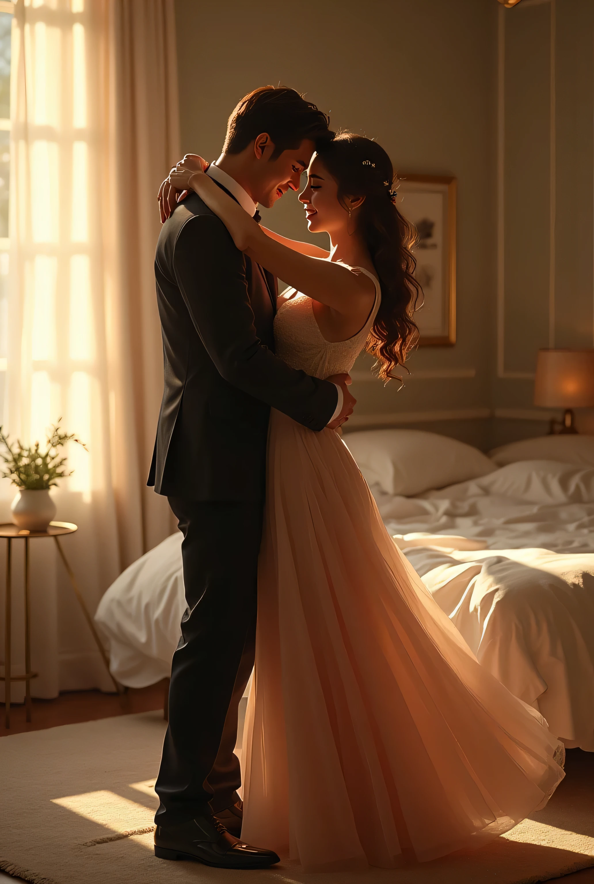 "Please create an image of a loving Brazilian couple lying on a bed. The image should be in vector format and use a palette of soft and neutral pastel colors. Ensure that the image fits within a 1-centimeter margin and that the couple's bodies, including legs, arms, and heads, are fully visible without flaws or cuts."
