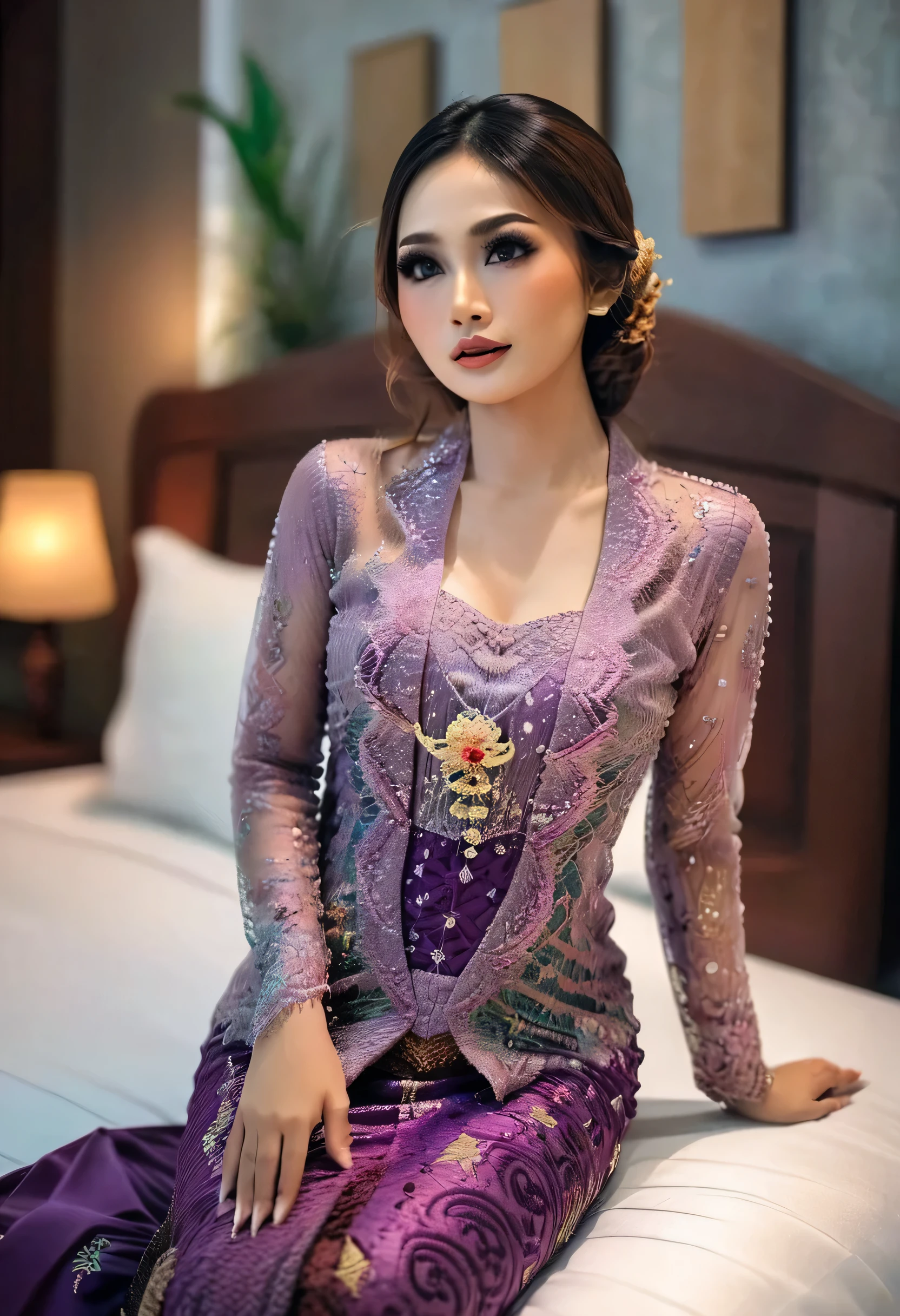A woman in the glamour kebaya, full body,mermaid tight long kebaya, flowy dramatic long kebaya,very long flor length gown, tall women, in bed room, sexy face,sexy pose, masterpice, hyper realistic, realistic lightning, Ensure that the image is photorealistic and of top-quality 8K HDR, capturing every intricate detail of the scene.,kebaya,kebaya indonesia,p3rfect ,cleavage