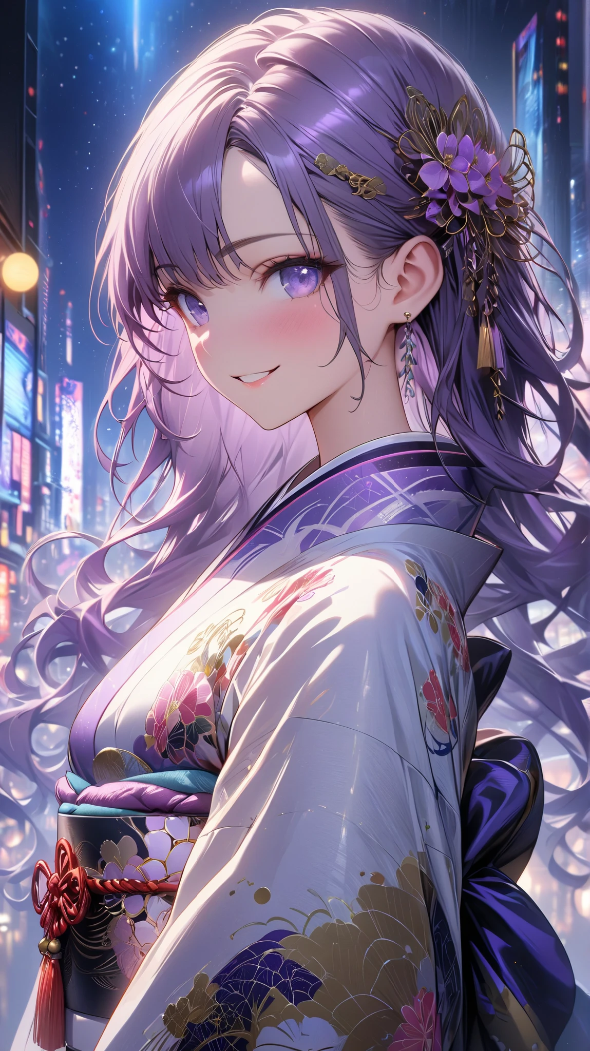 Coming of Age Day, beautiful girl, wearing a beautiful purple and khaki-based furisode, background Tokyo, night city, under the starry sky, turning around, flowing hair, beautiful face, high resolution, masterpiece, accurate, anatomically correct, multiple awards, best quality, high definition, retina, high definition in line with the trend, textured skin, Ultra Fine, multiview, Facing the front and smiling 