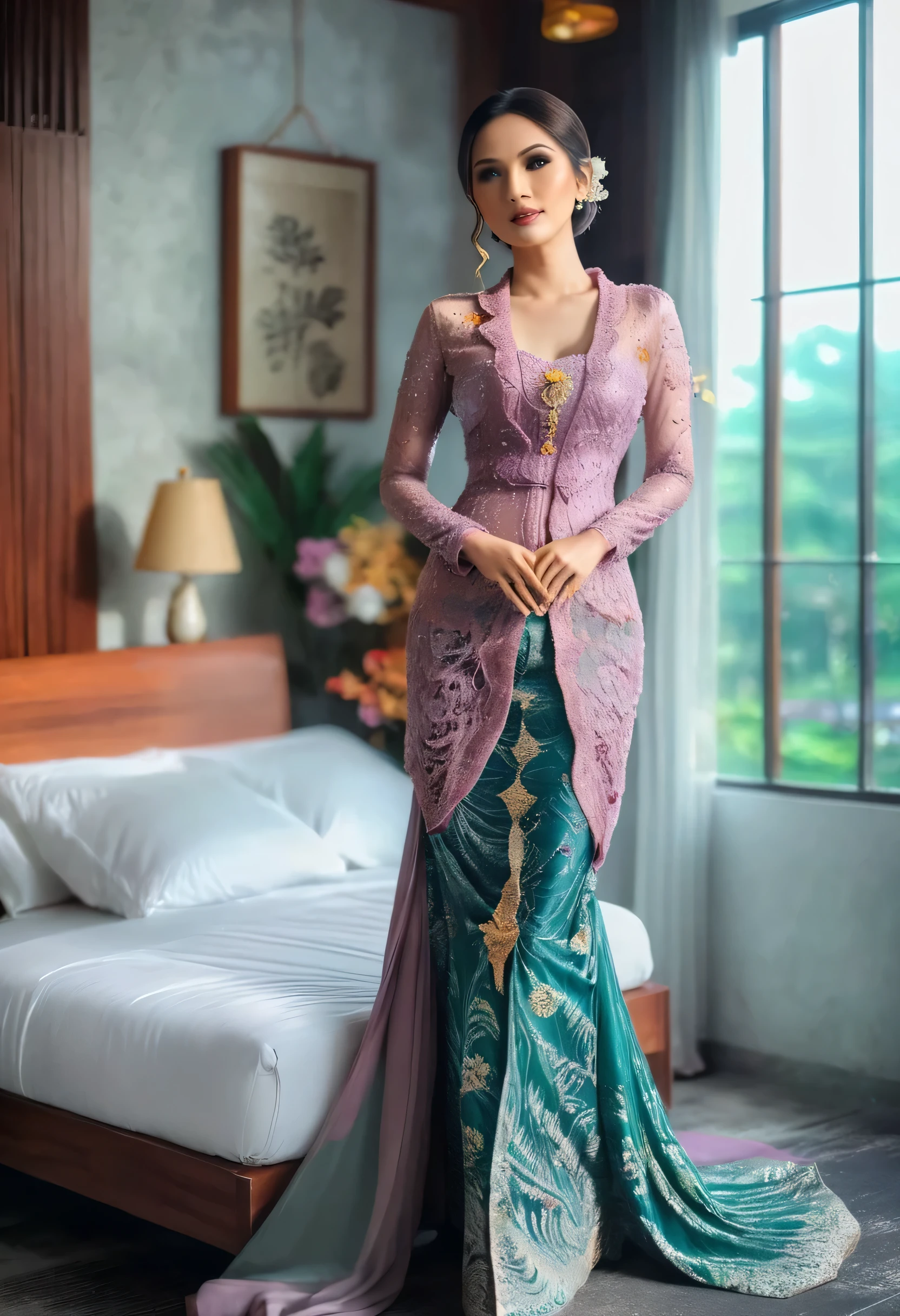 A woman in the glamour kebaya, full body,mermaid tight long kebaya, flowy dramatic long kebaya,very long flor length gown, tall women, in bed room, sexy face,sexy pose, masterpice, hyper realistic, realistic lightning, Ensure that the image is photorealistic and of top-quality 8K HDR, capturing every intricate detail of the scene.,kebaya,kebaya indonesia,p3rfect ,cleavage
