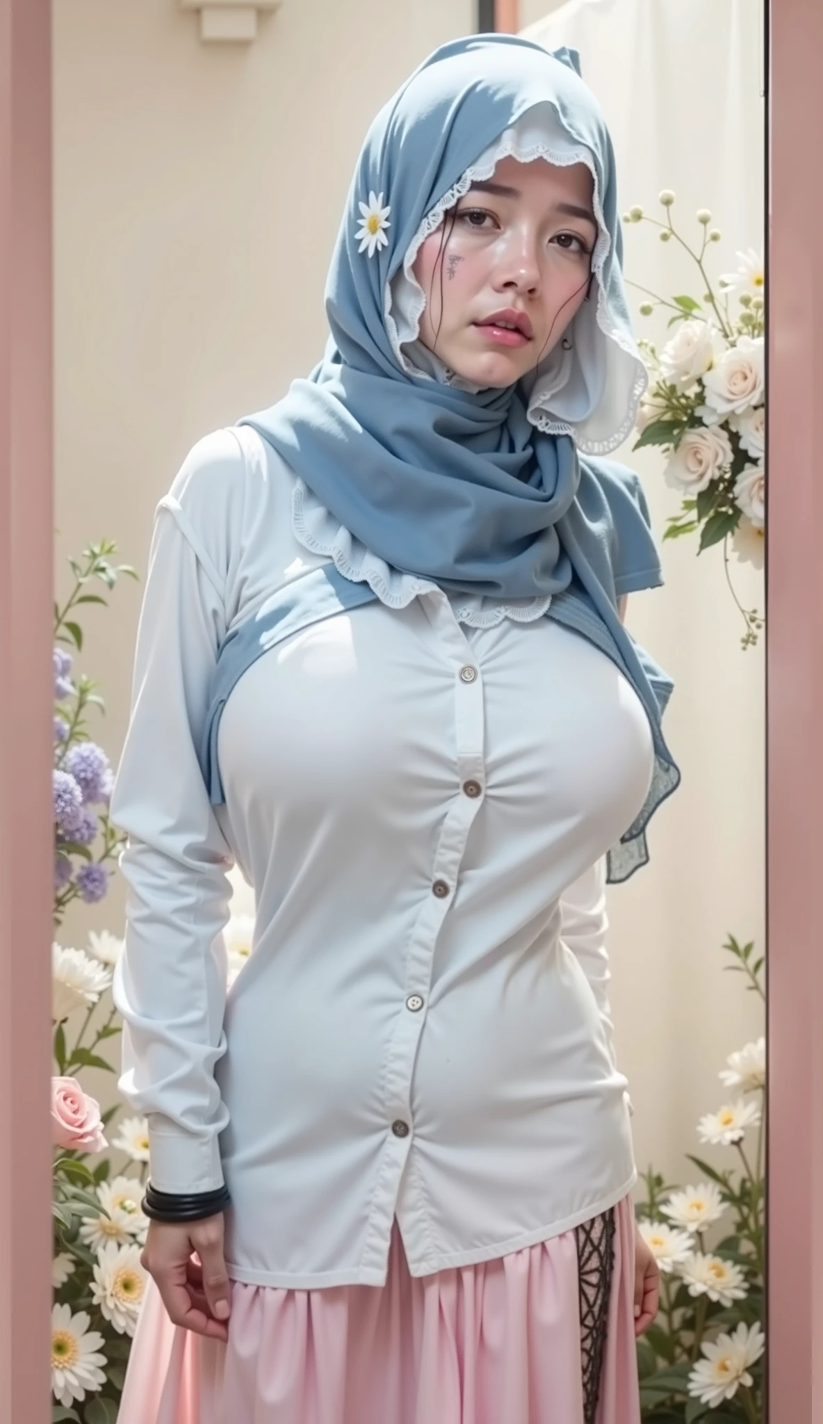 Huge tits angela white, pink latex hijab shiny oiled tits, nipples, lipstick, buxom, clouds, sky, angel wings