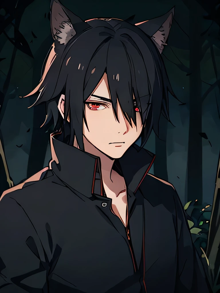 old male, indonesian , love to be alone , cowo cool, Ambitious , low sense of empathy, black hair , red eyeballs , using a black camshirt and black blazer, strong , forest background , have canines, lazy eye, hair covering one of the eyes , has bat ears