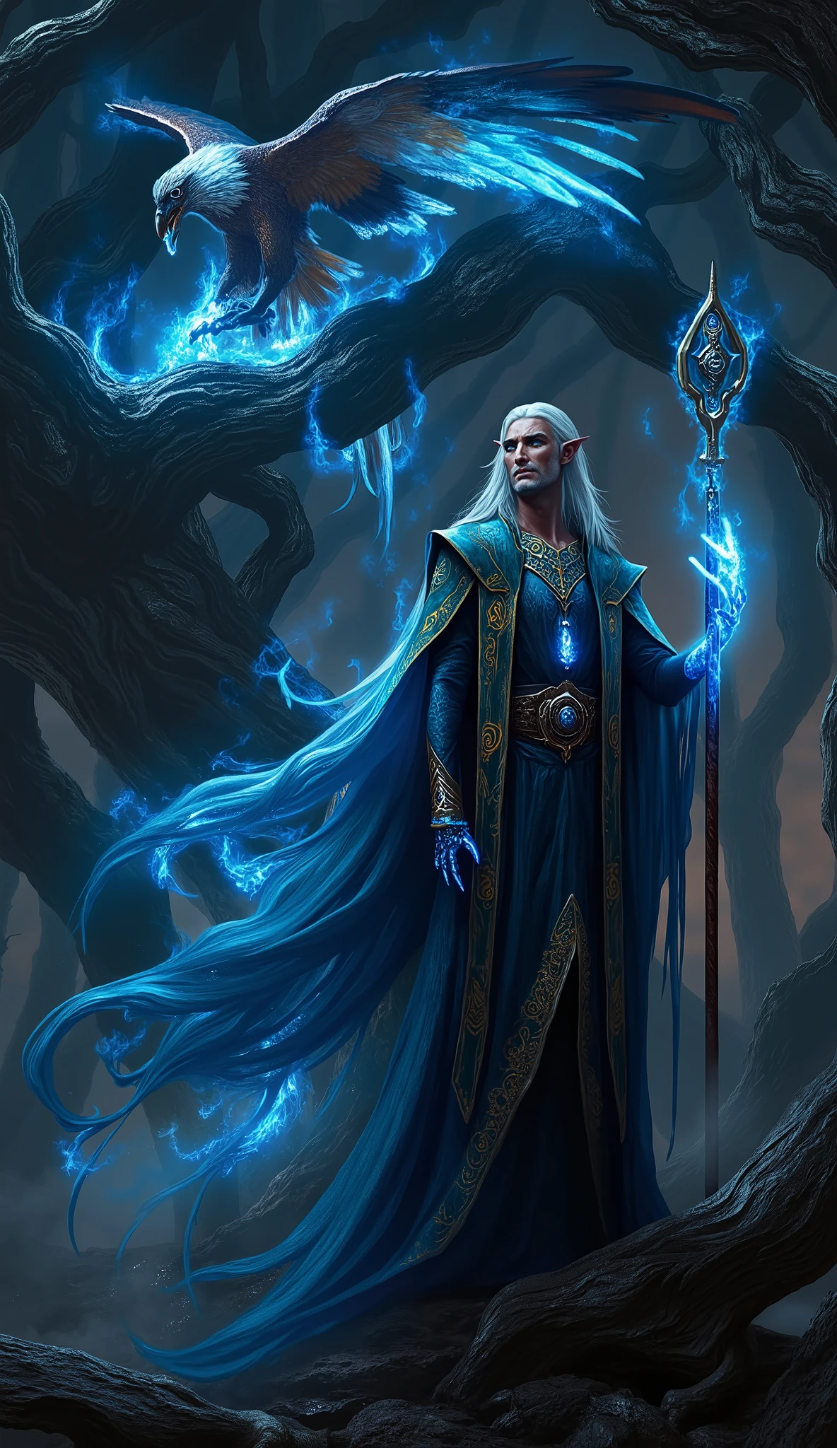 (best quality, 128k,highres,masterpiece:1.2),ultra-detailed,(realistic,photorealistic,photo-realistic:1.37), ((masterpiece)) ((photography)) ((Highest quality)) Masterpiece. A depiction of Alatar, one of the old Blue Wizards from Tolkien's lore, standing tall in a mystical forest. He wears flowing azure robes adorned with intricate golden patterns, a staff in one hand emitting a faint blue glow. Beside him perches a majestic eagle with piercing eyes and a wingspan that radiates power, its feathers shimmering with hints of silver and sapphire. The background features ancient trees, their branches twisted and covered in glowing runes, with soft rays of sunlight filtering through the mist. A sense of ancient wisdom, magic, and grandeur fills the scene.