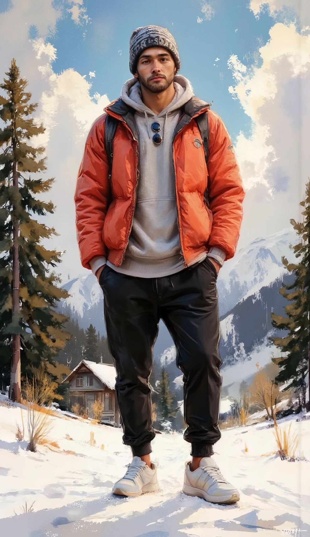 A highly detailed full-body fashion illustration of a young man standing casually in a snowy mountain resort. He is dressed in a relaxed yet stylish puffer jacket in bright red, layered over a hoodie in heather gray and slim black joggers. His look is completed with chunky white sneakers, a knit beanie with bold geometric patterns, and fingerless gloves. A pair of sunglasses hangs from his jacket collar, and a backpack rests against his side. The vibrant backdrop includes pine trees, snow-covered peaks, and a ski lodge in the distance.
