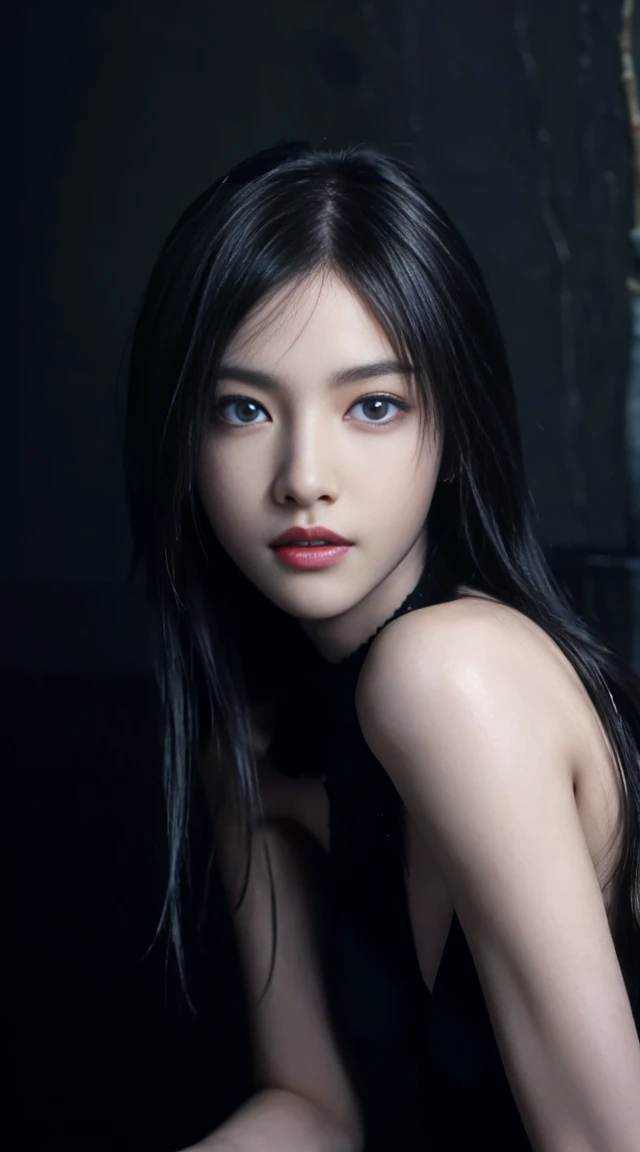8K, Top Quality, Intricate Details, Ultra Detail, Ultra High Resolution, Masterpiece, full body, Slender, Smile, (Makeup: 0.4), (Fluffy Blue Eyes: 1.21), blue Eyes, looking at viewer, ((full body)), 1girl, solo, 1 girl, (( full body)), , , ((tall)), (((fit body))), (((slim face))), sharp face, sharp eyes, (((black hair, )) , (detailed face), sharp face, small lips,,
(( )), ((open vest)), detailed face, detailed breast, , large breast, detail ass, , Beautiful girl with accentuated slender abs: 1.4, Six Pack Abs: 1.4, Bust Botox, Big, Perfect Body, detail leg, (( dark background)), black background,
