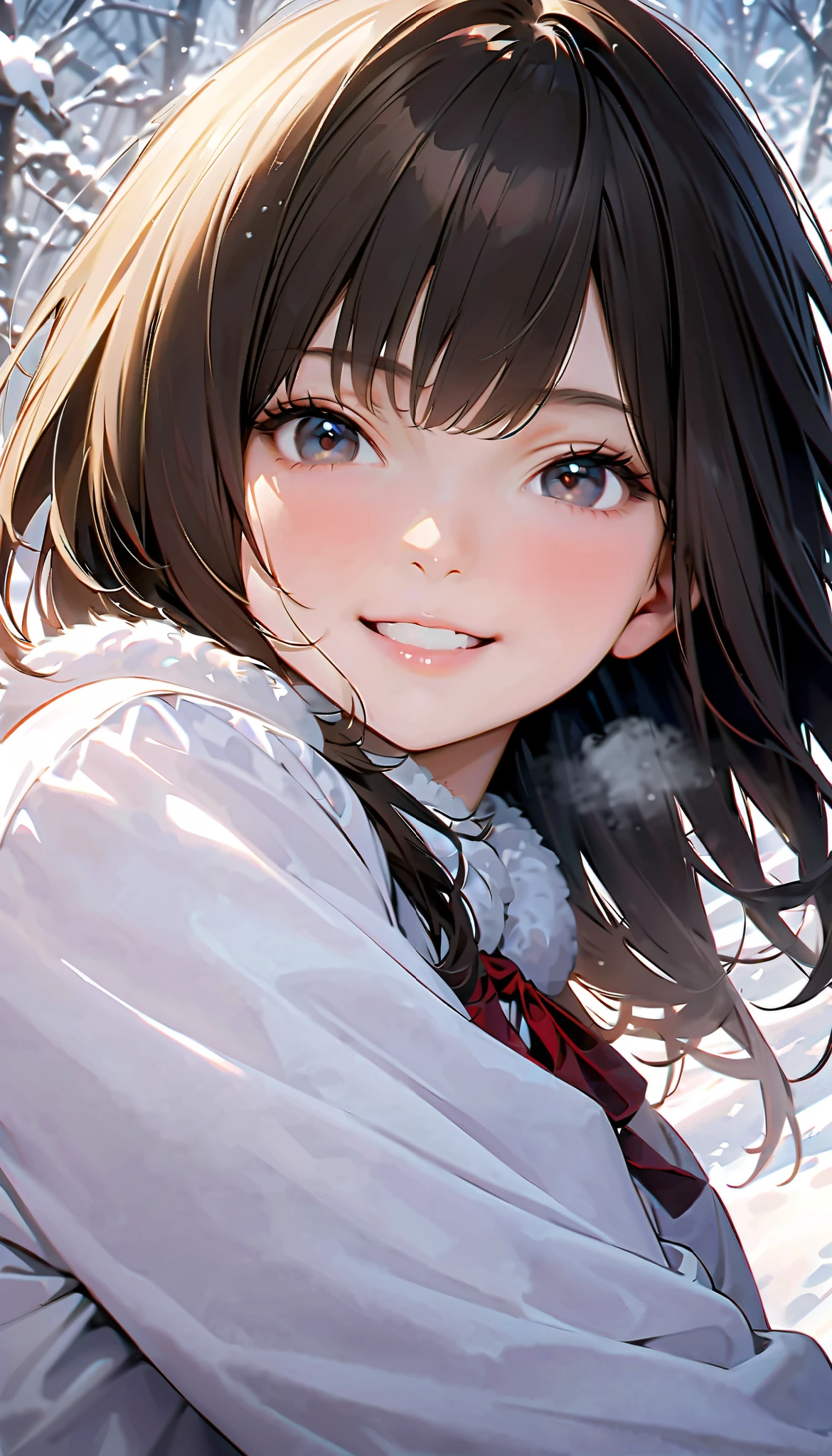 ( best quality :1.2, very detailed, Latest, lively, best quality , Aesthetics at its best) , Face Up Shot, ((( very detailed目と顔))), Official Art, 8k Ultra HD, very detailed, Delicate and dynamic, blurred background , Outdoors, daytime, Hiku Snow Scenery , there's snow on the ground, it's snowing, Falling Snow, winter, White World, is dazzling, one woman, 2.5D, smile, black eyes, black hair, short, young, Fluffy winter clothes, Get excited, dynamic pose, dynamic angle, Realistic, her breath is white
