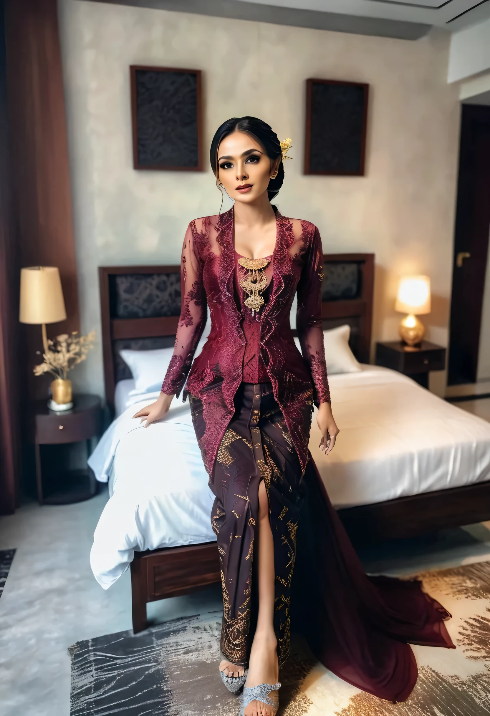 A Young woman in the glamour kebaya, full body,black and maroontight long kebaya, flowy dramatic long kebaya,very long flor length gown, tall women, in bed room, sexy face,sexy pose, masterpice, hyper realistic, realistic lightning, Ensure that the image is photorealistic and of top-quality 8K HDR, capturing every intricate detail of the scene.,kebaya,kebaya indonesia,p3rfect ,cleavage
