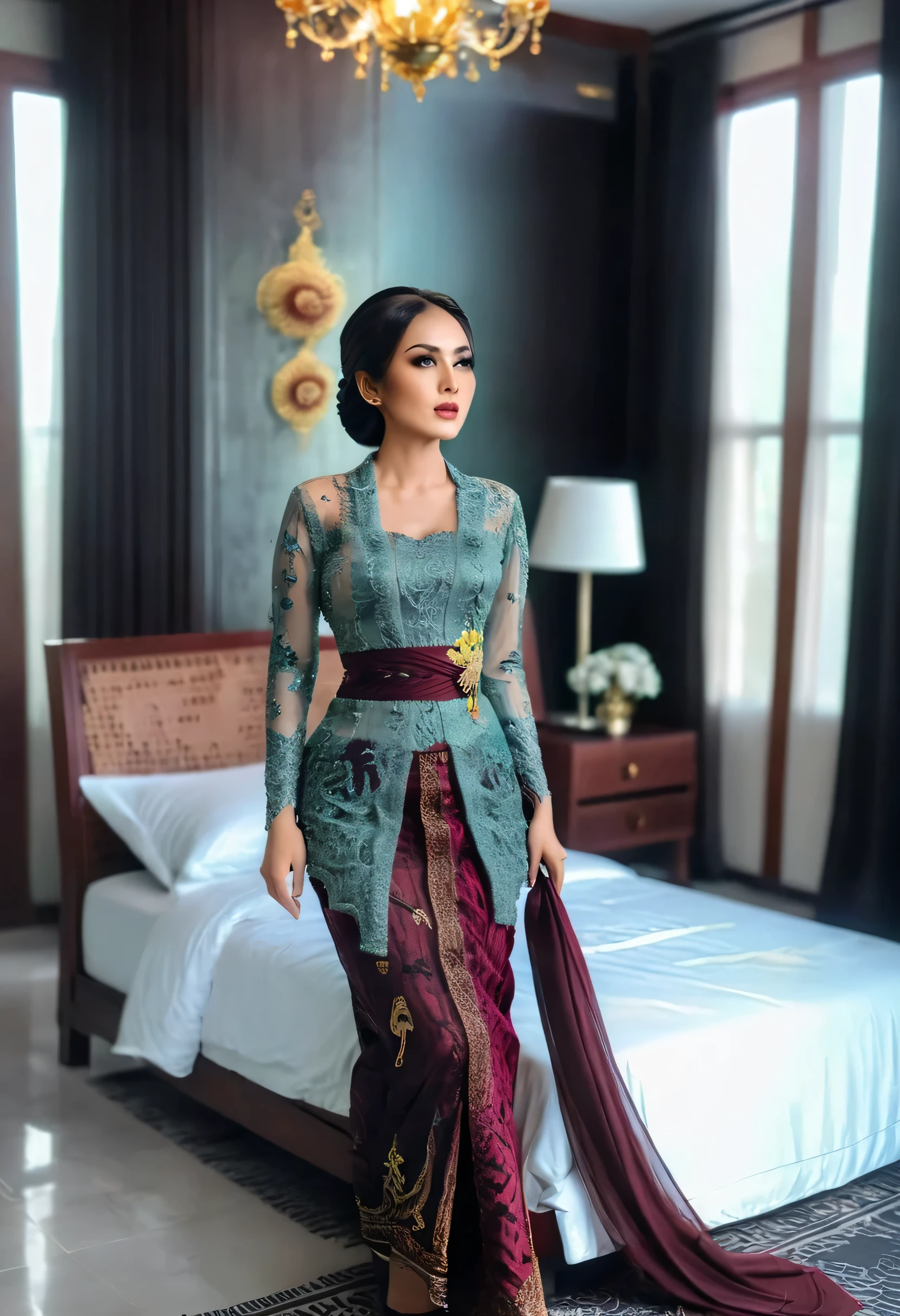 A Young woman in the glamour kebaya, full body,black and maroontight long kebaya, flowy dramatic long kebaya,very long flor length gown, tall women, in bed room, sexy face,sexy pose, masterpice, hyper realistic, realistic lightning, Ensure that the image is photorealistic and of top-quality 8K HDR, capturing every intricate detail of the scene.,kebaya,kebaya indonesia,p3rfect ,cleavage