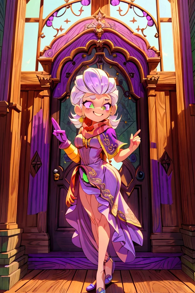 Masterpiece, best quality, 1 old woman, white hair, standing indoors with intricate details and sunlight. purple and green frilled long dress, scarf, purple metallic arm, smiling, pose, coquette, beautiful long legs, mature girl, gorgeous body.