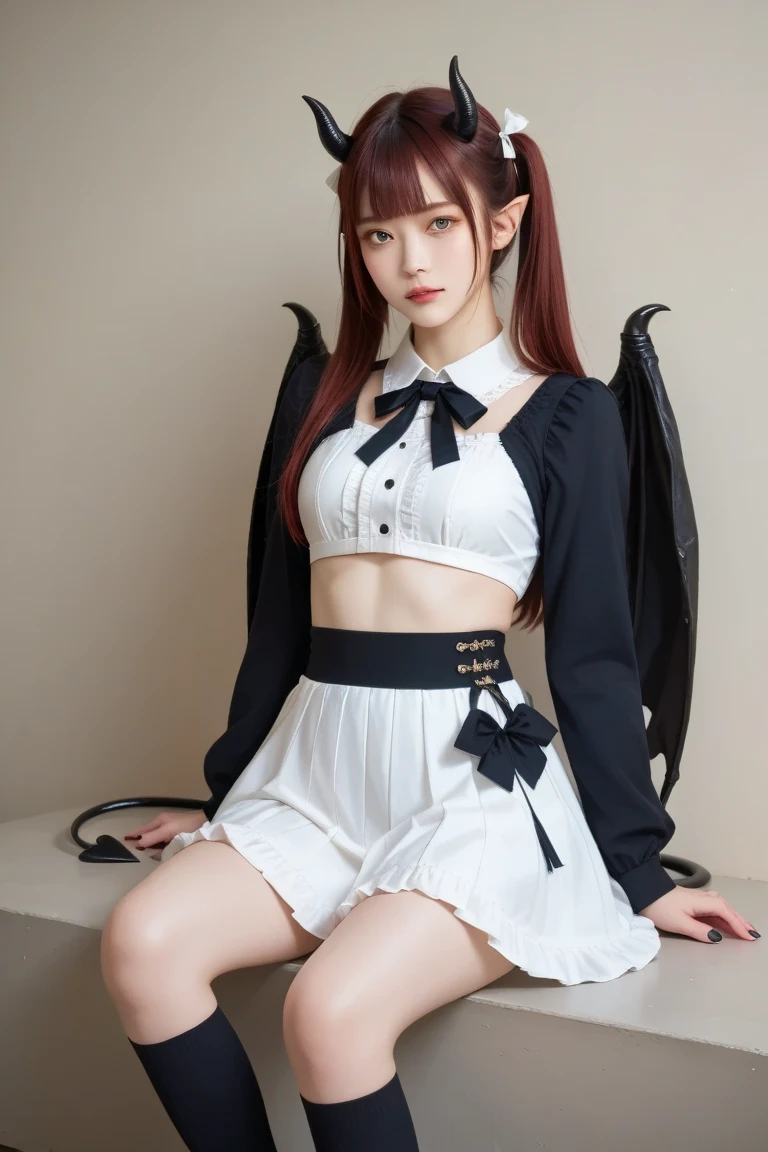 ((Masterpiece: 1.4, Best Quality))+,(Ultra Detail)+, Official Art, Unity 8k Wallpaper, Ultra Detailed, Beautiful, High Quality, Beautiful, Masterpiece, Best Quality, (Flat Chest), Full Body, Standing Painting, White Background, Red Straight Hair, Gloomy Eyes, Black Little Snake, White Theme, Red Jewelry, Studs, Black Lace Flats, Asymmetrical Skirt, Blood Stains on Skirt, Devil, Skeleton, Lots of Lace