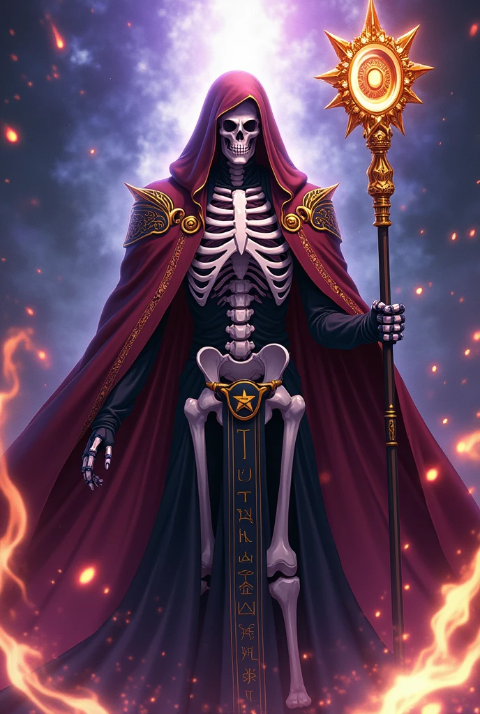 (medium full shot) of (menacing lich) with black eyes, wearing a crimson red enchanted tunic, enchanted pants, shadowy boots, bearing a phylactery, surrounded by surrounded by a eerie aura, set in ancient ruins, with crumbling stone walls, overgrown vegetation, eerie silence, and an aura of mystery, under a full moon, woman smiling, ,Masterpiece,best quality, raw photo, realistic, very aesthetic