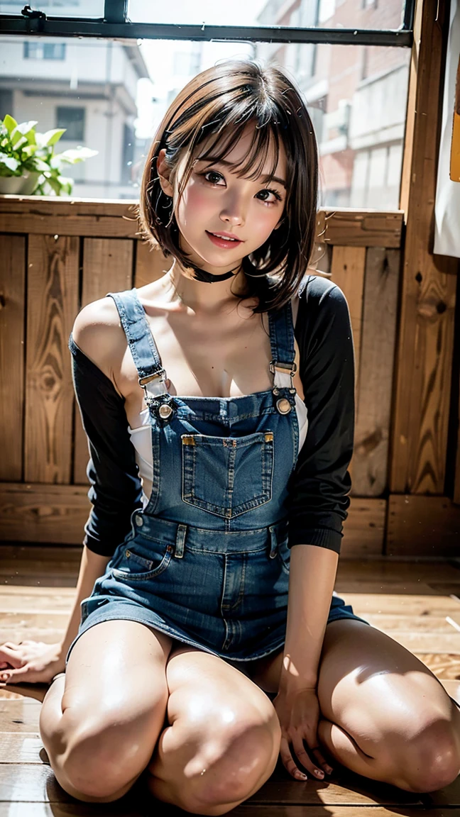 (masutepiece), Best Quality, Ultra-detailed,girl with,White Business Shirt、Dark blue apron、Cute overalls、store clerk、bionde、small nose、Serving coffee to the audience、((blurry backround:1.5))、Quaint coffee shop、In the dimly lit chamber、Warm lighting