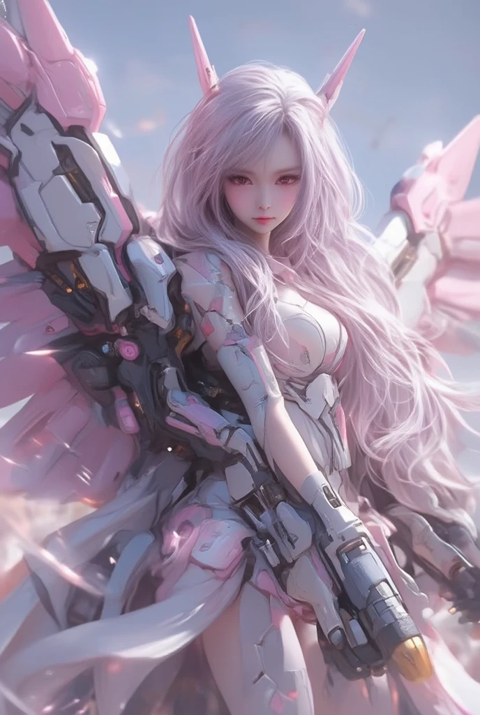 Best Quality,Highest quality,１Goddess  , Japanese idol face , long lashes, large machine gun shooting ,smile,Real 1.8,Silver Hair, holding weapons the same size as her height {x} gradation of light blue hair over the tips of her hair,( very long hair),( Hair Fluttering in the Wind ),Small face,Perfect beauty, big reddish eyes ,Fine skin, glamorous figure ,((Very big breasts 2.5)), highlight chest, big wings on her back 1 .8,, Thin Waist,((Very long legs 1 .8)),Full Body,Full body painting, glossy skin like pottery , large machine gun shooting , firing forward ,detailed gun depiction, intense muzzle flash, empty shells scattered ,Terrible destructive power , head on, points guns at viewers, demonic expression,Dynamic,Intimidation,Dangerous guy ,