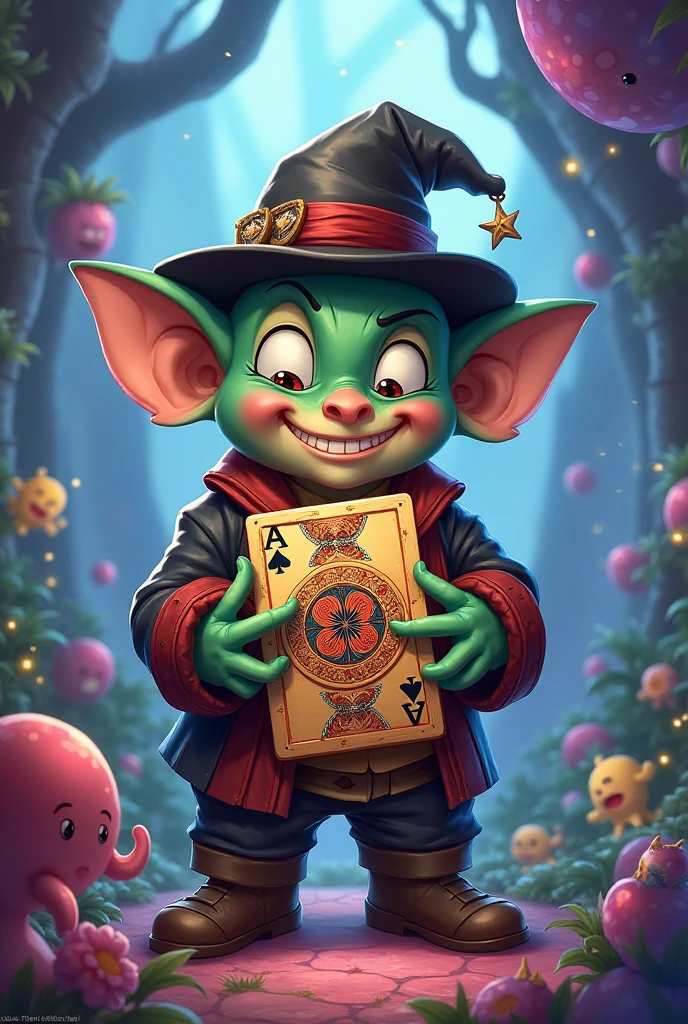 (Wild clown figure:1.4), (maniacal grin:1.3), (multicolored jester hat:1.2), bright red skin, (blue wild hair:1.2), (oversized gold earring:1.1), (dark starry background:1.2), exaggerated facial features, (chaotic energy:1.3), vibrant colors, (orange ruffled collar:1.1), (intense eyes:1.3), (comic book style:1.2), horror theme, detailed textures, dripping details, (frightening aura:1.2), bold line art, dynamic expression, (macabre humor:1.1).