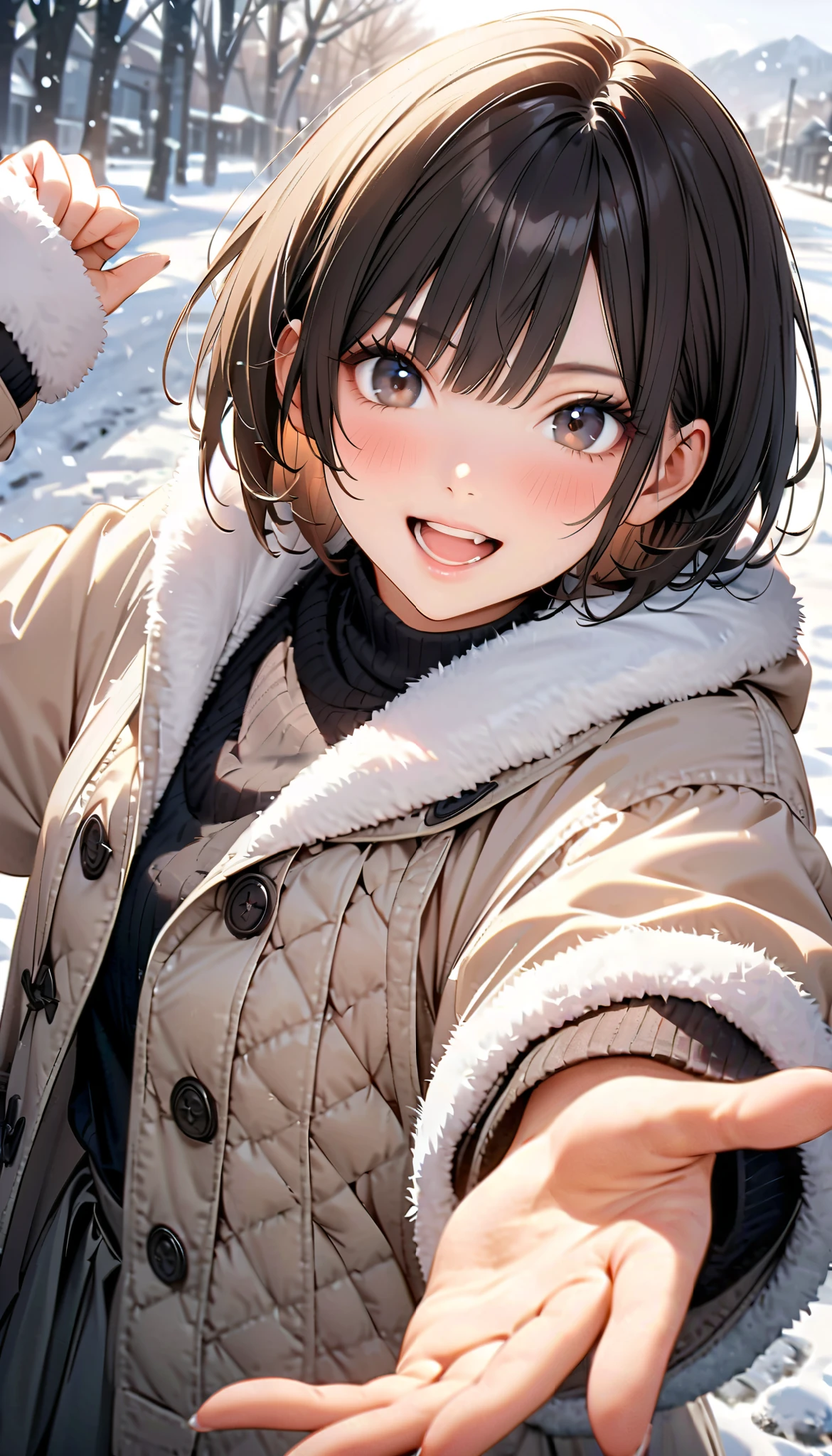 ( best quality :1.2, very detailed, Latest, lively, best quality , Aesthetics at its best) , Face Up Shot, ((( very detailed目と顔))), Official Art, 8k Ultra HD, very detailed, Delicate and dynamic, blurred background , Outdoors, daytime, Hiku Snow Scenery , there's snow on the ground, it's snowing, Falling Snow, winter, White World, is dazzling, one woman, 2.5D, smile, black eyes, black hair, short, young, Fluffy winter clothes, Get excited, dynamic pose, dynamic angle, Realistic, her breath is white