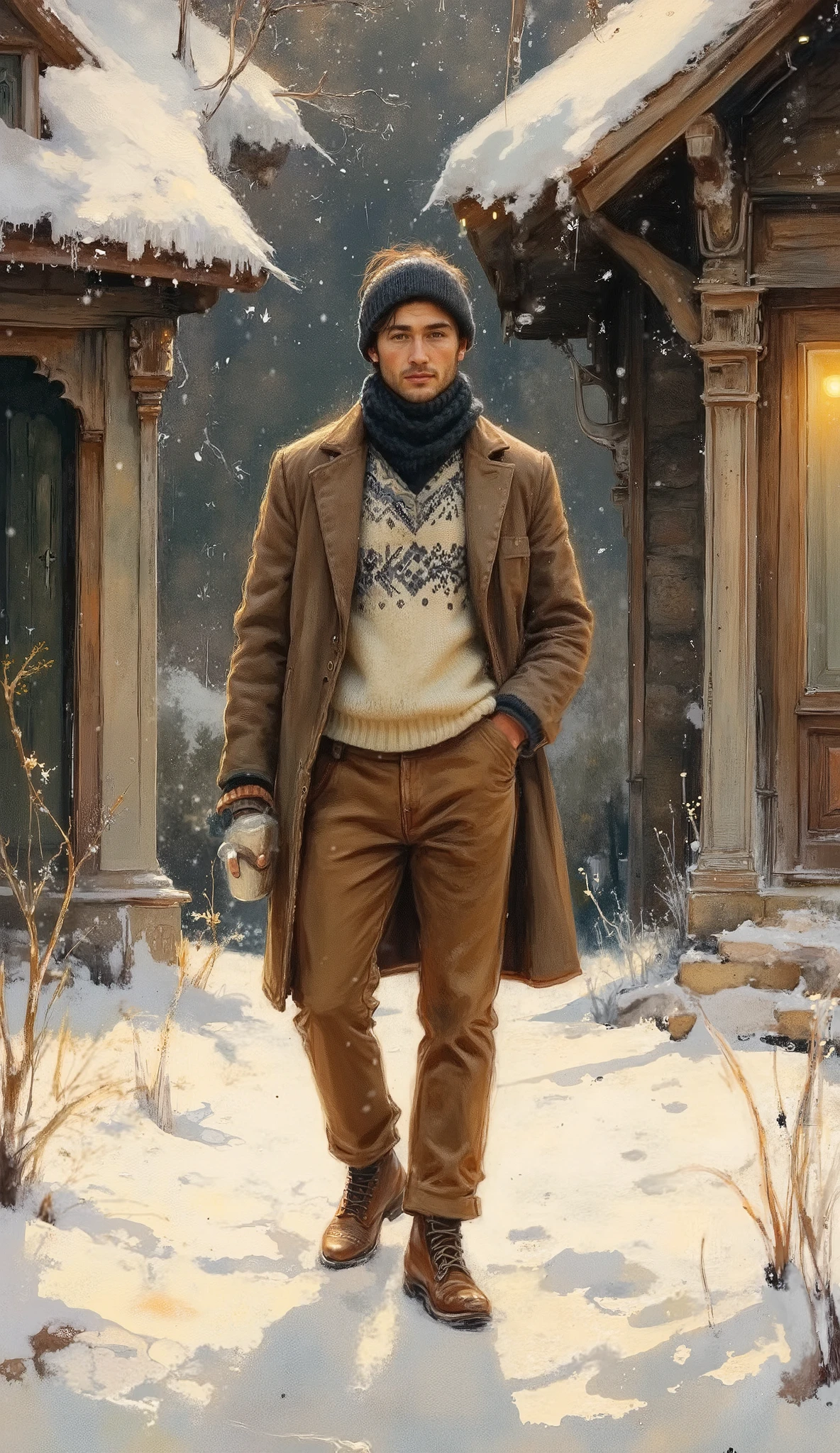 A highly detailed full-body fashion illustration of a young man standing warmly dressed in a snowy Nordic village square. He wears a thick, patterned sweater in shades of cream and dark blue, paired with sturdy corduroy pants in chestnut brown. Over the sweater, he has a shearling-lined jacket in tan suede. His rugged boots are laced up, and a hand-knit scarf and matching beanie provide additional warmth. He holds a steaming cup of coffee, and the scene is framed by wooden cottages, snow-covered roofs, and warm yellow lights.