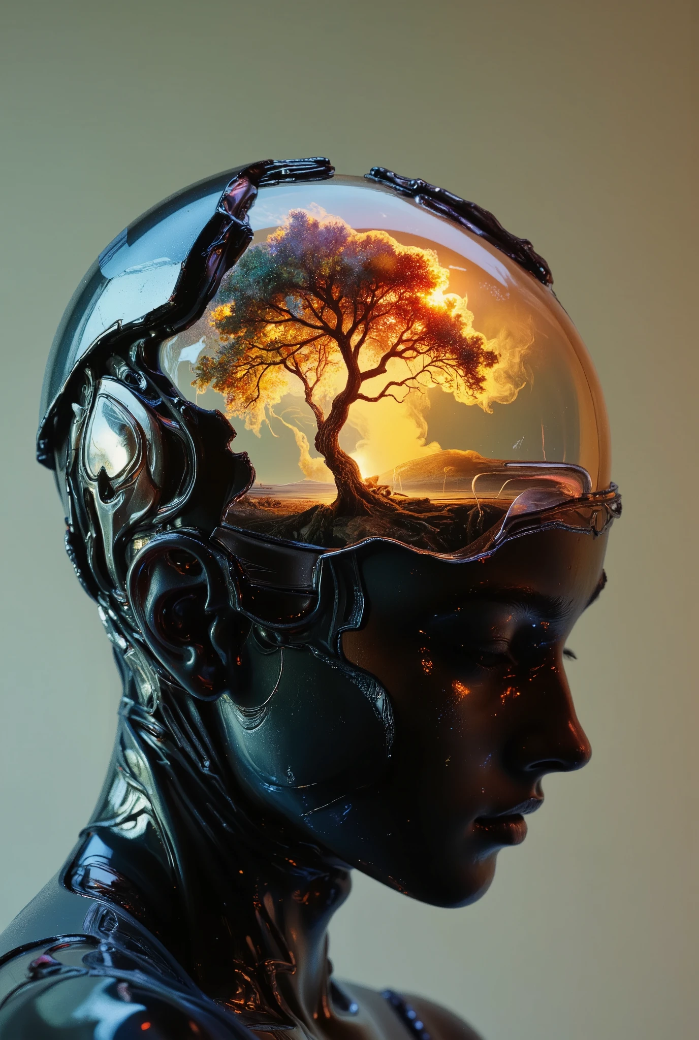 Delirium style. The image is a digital artwork, rendered in a hyper-realistic CGI style, featuring a surreal and abstract depiction of a human head. The central figure is a stylized, almost robotic humanoid head with a glossy, dark, almost black surface that reflects and refracts light, giving it a sleek, metallic appearance. The head is split vertically, with the upper half forming a hollow, transparent, and reflective dome. Inside this dome, a stunning, glowing image of a tree with a fiery, orange-yellow aura is visible, creating a stark contrast to the dark outer surface.