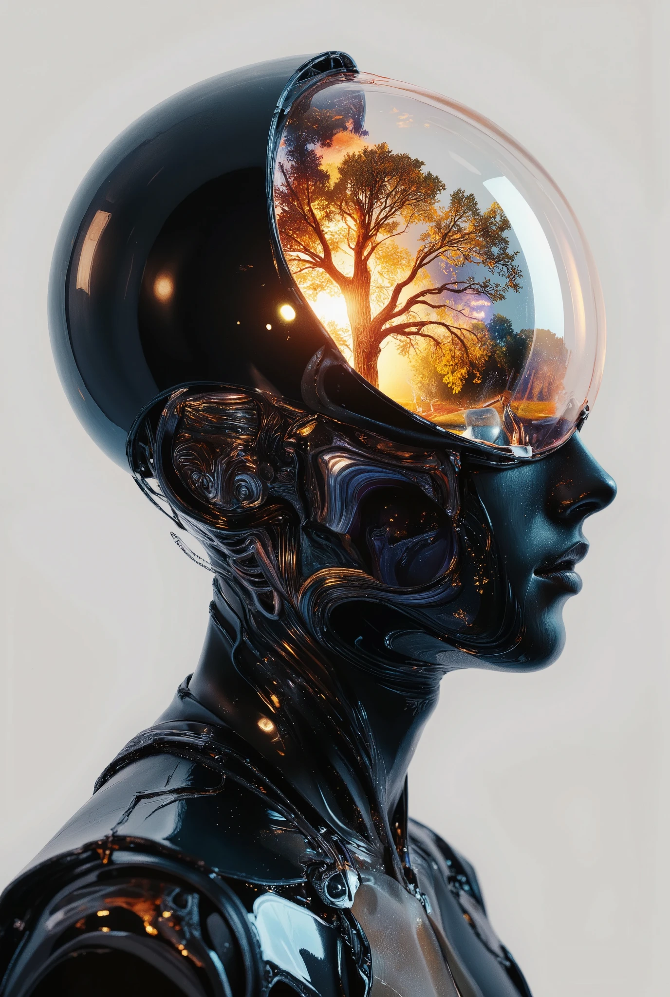 Delirium style. The image is a digital artwork, rendered in a hyper-realistic CGI style, featuring a surreal and abstract depiction of a human head. The central figure is a stylized, almost robotic humanoid head with a glossy, dark, almost black surface that reflects and refracts light, giving it a sleek, metallic appearance. The head is split vertically, with the upper half forming a hollow, transparent, and reflective dome. Inside this dome, a stunning, glowing image of a tree with a fiery, orange-yellow aura is visible, creating a stark contrast to the dark outer surface.