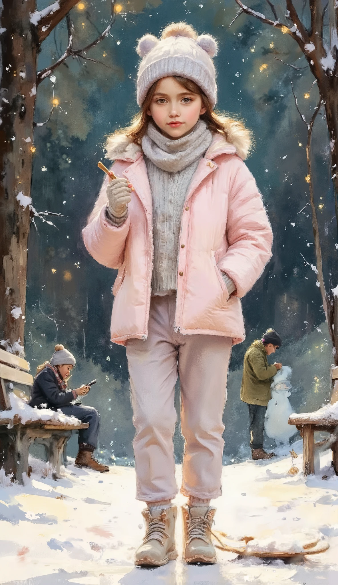 A highly detailed full-body fashion illustration of a young girl standing joyfully in a snowy park. She is dressed in a quilted puffer jacket in pastel pink with a faux fur-lined hood, paired with warm snow pants in lilac. She wears cozy snow boots with fluffy trims, knit mittens, and a matching beanie adorned with a cute bow. Her scarf features playful polka dots, and she holds a small sled by her side. The park background includes snow-covered benches, ren building snowmen, and twinkling fairy lights strung on nearby trees.