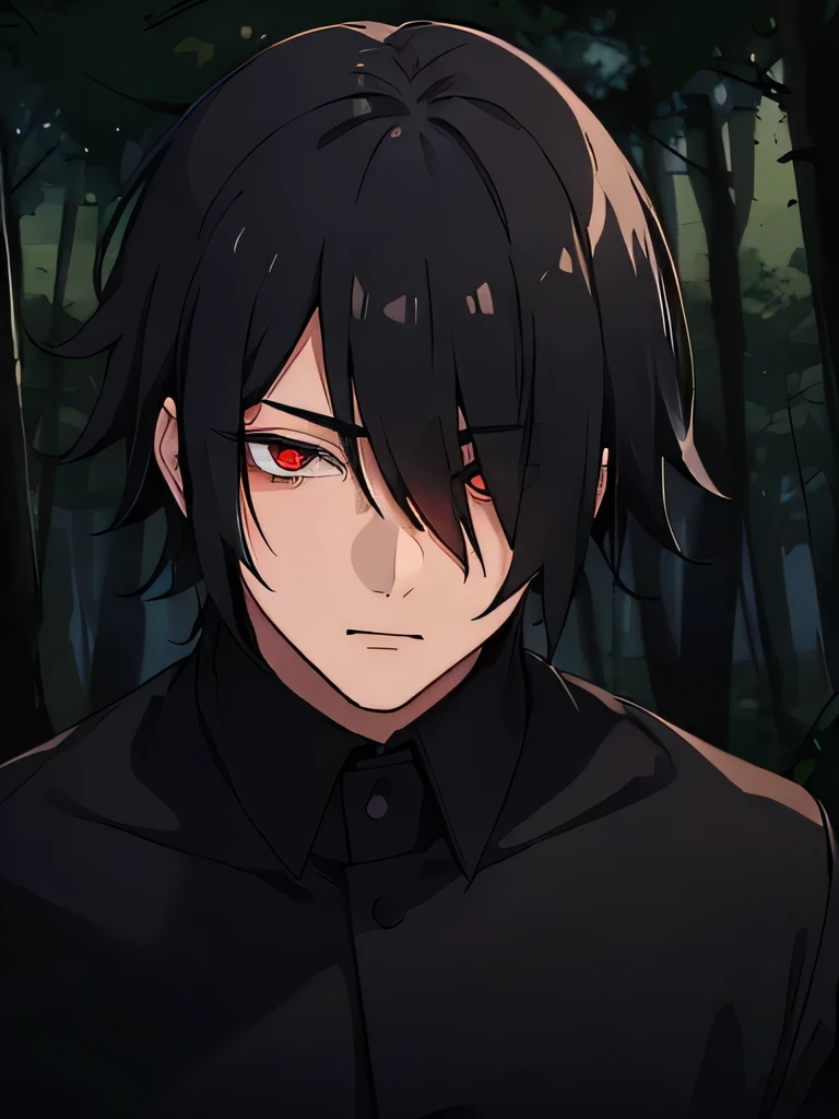 old male, indonesian , love to be alone , cowo cool, Ambitious , low sense of empathy, black hair , red eyeballs , using a black camshirt and black blazer, strong , forest background , have canines, lazy eye, hair covering next to the eyes