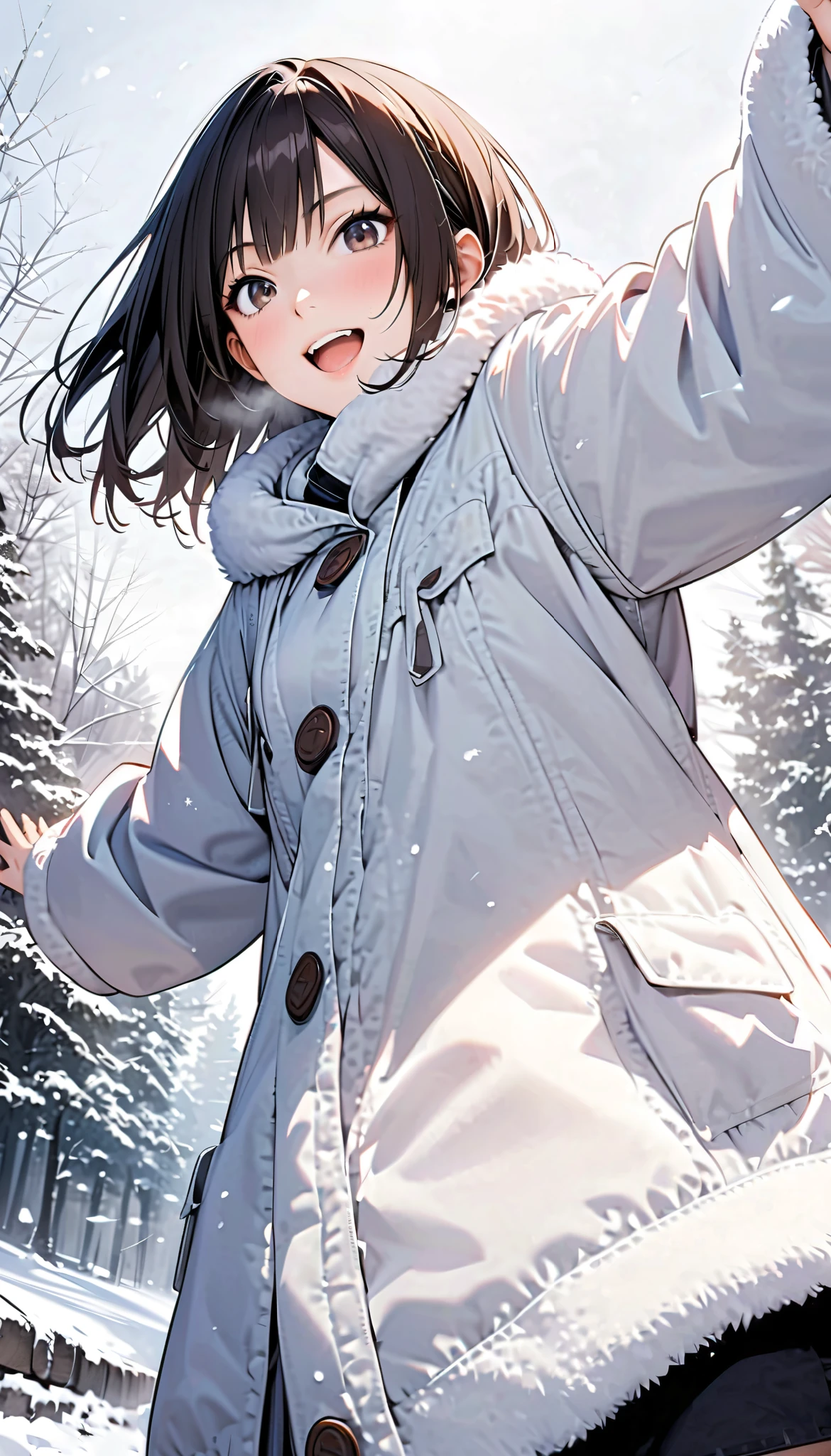 ( best quality :1.2,  very detailed, Latest,  lively,  best quality , Aesthetics at its best) , Face Up Shot, ((( very detailed目と顔))),  Official Art,  8k Ultra HD,  very detailed, Delicate and dynamic,  blurred background , Outdoors,  daytime, Hiku Snow Scenery , there's snow on the ground,  it's snowing, Falling Snow, winter, White World,  is dazzling,  one woman, 2.5D, smile,  black eyes,  black hair,  short, young, Fluffy winter clothes, Get excited,  dynamic pose,  dynamic angle, Realistic, her breath is white