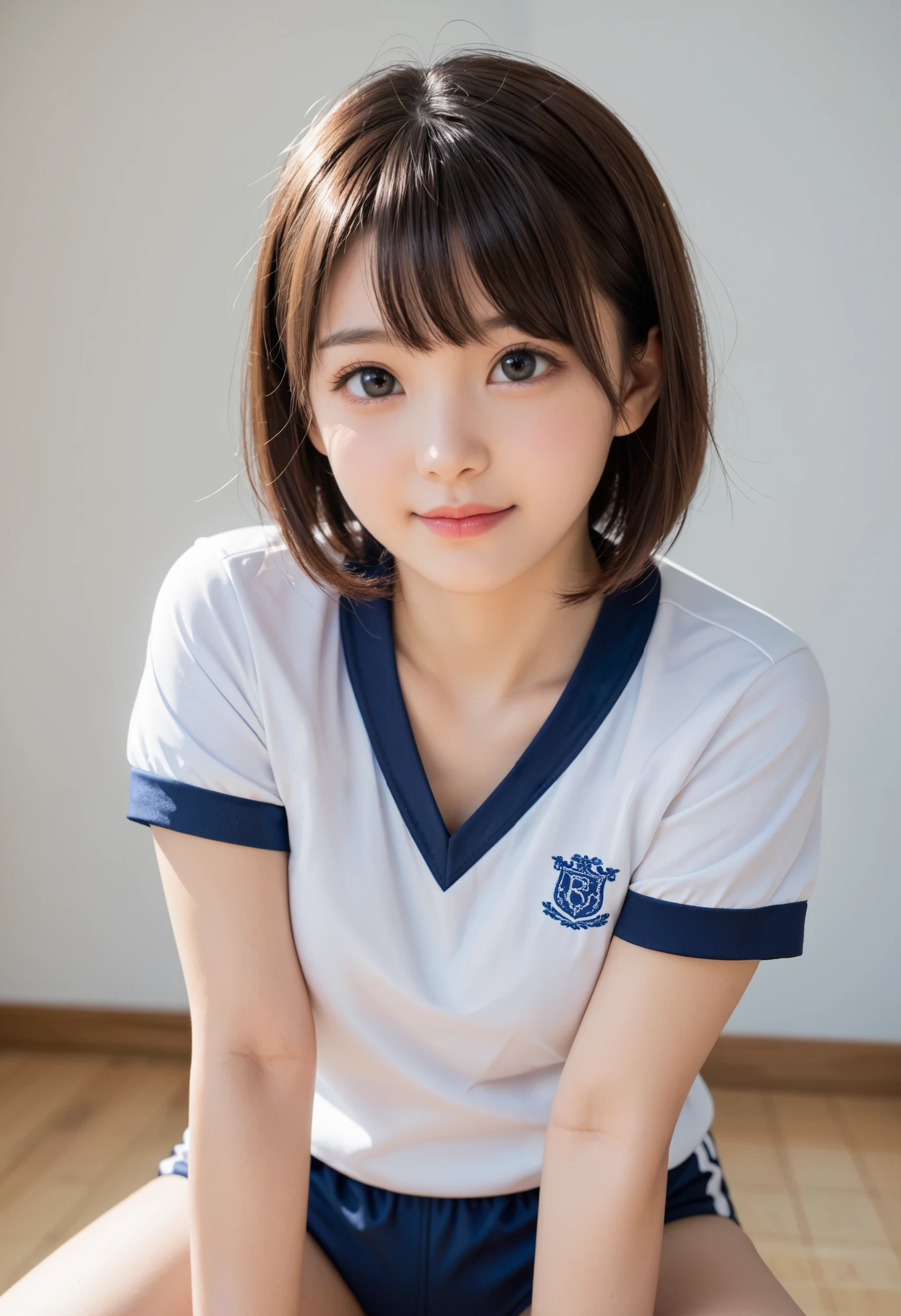 masterpiece, 8K, photorealistic, Raw photo, best quality, (1 girl), (very beautiful  japanese girl), (cute, little:1.3), (very cute face:1.3), Symmetrical perfect face, beautiful brown short hair, bangs, hair is messy, beautiful black eyes, small natural breasts, beautiful thighs, perfect anatomy, (school gym uniform:1.3), (navy buruma), glowing skin, (high detail skin:1.2), (dynamic pose:1.3), (school sports ground), 
