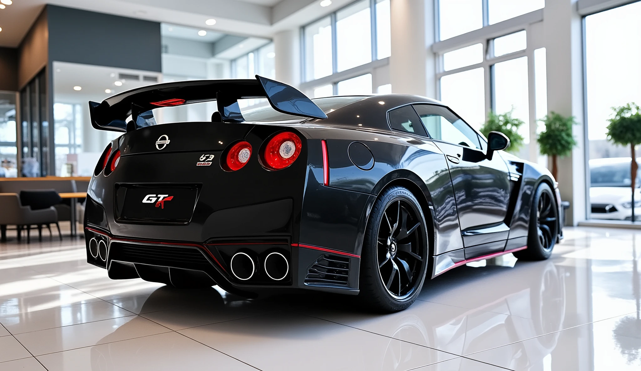 Back view of painted black with shiny clour Nissan GT-R sleek in large shape sedan in large size with GT-R logo on its large detailed grille in shiny white clour with angular sporty design captured from close back view with modified sleek backlights & with a "GT-R" logo and with modified cutting edge tenology with a plate called "Nissan" with in a Luxury bright showroom with white gleamy floor Quality, with two rectumgular exahust" with very low suspension of car that touches showroom surface Super Detailed, and shining of showroom falling on car surface