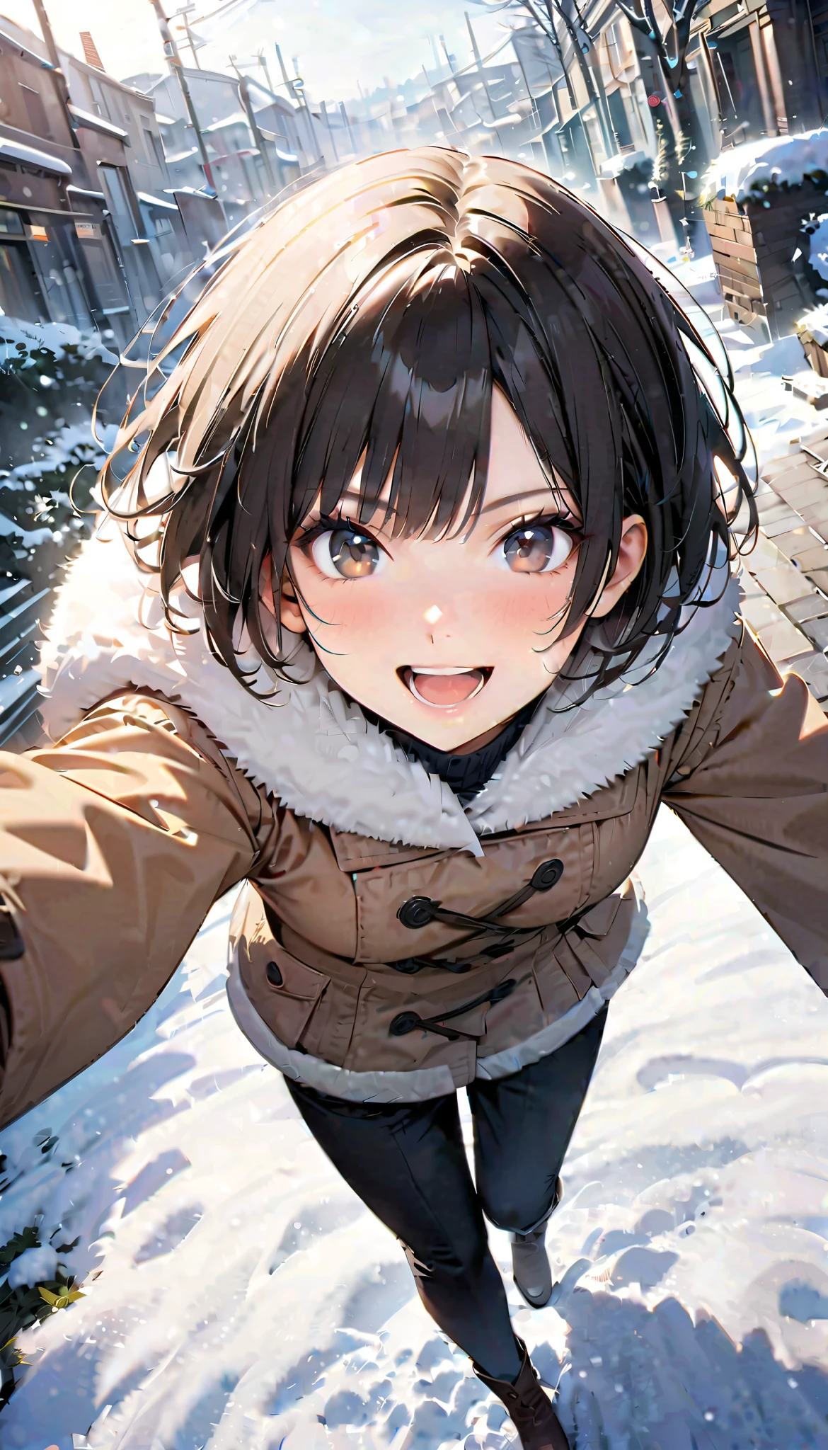 ( best quality :1.2, very detailed, Latest, lively, best quality , Aesthetics at its best) , Face Up Shot, ((( very detailed目と顔))), Official Art, 8k Ultra HD, very detailed, Delicate and dynamic, blurred background , Outdoors, daytime, Hiku Snow Scenery , there's snow on the ground, it's snowing, Falling Snow, winter, White World, is dazzling, one woman, 2.5D, smile, black eyes, black hair, short, young, Fluffy winter clothes, Get excited, dynamic pose, dynamic angle, Realistic, her breath is white
