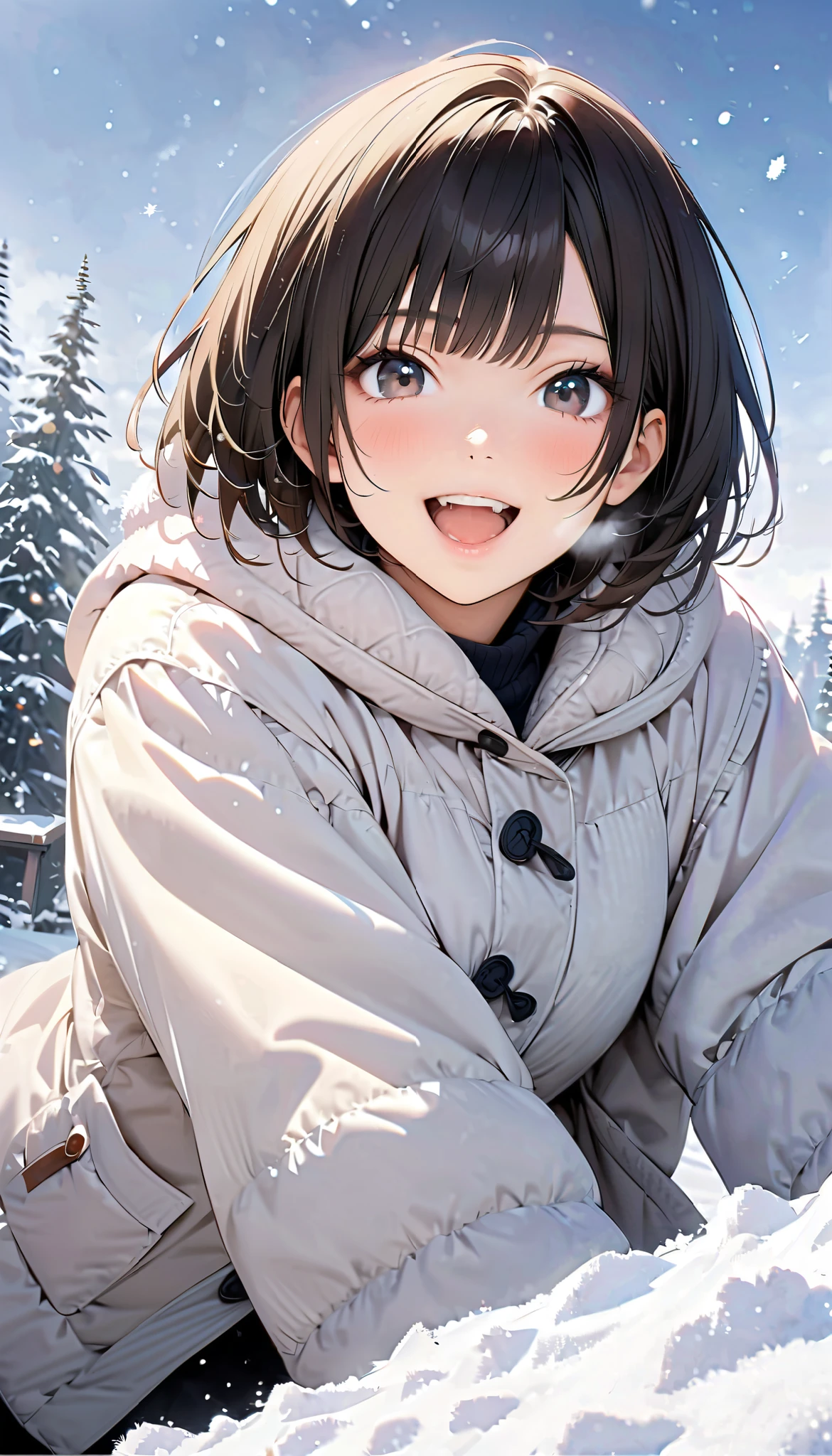 ( best quality :1.2, very detailed, Latest, lively, best quality , Aesthetics at its best) , Face Up Shot, ((( very detailed目と顔))), Official Art, 8k Ultra HD, very detailed, Delicate and dynamic, blurred background , Outdoors, daytime, Hiku Snow Scenery , there's snow on the ground, it's snowing, Falling Snow, winter, White World, is dazzling, one woman, 2.5D, smile, black eyes, black hair, short, young, Fluffy winter clothes, Get excited, dynamic pose, dynamic angle, Realistic, her breath is white