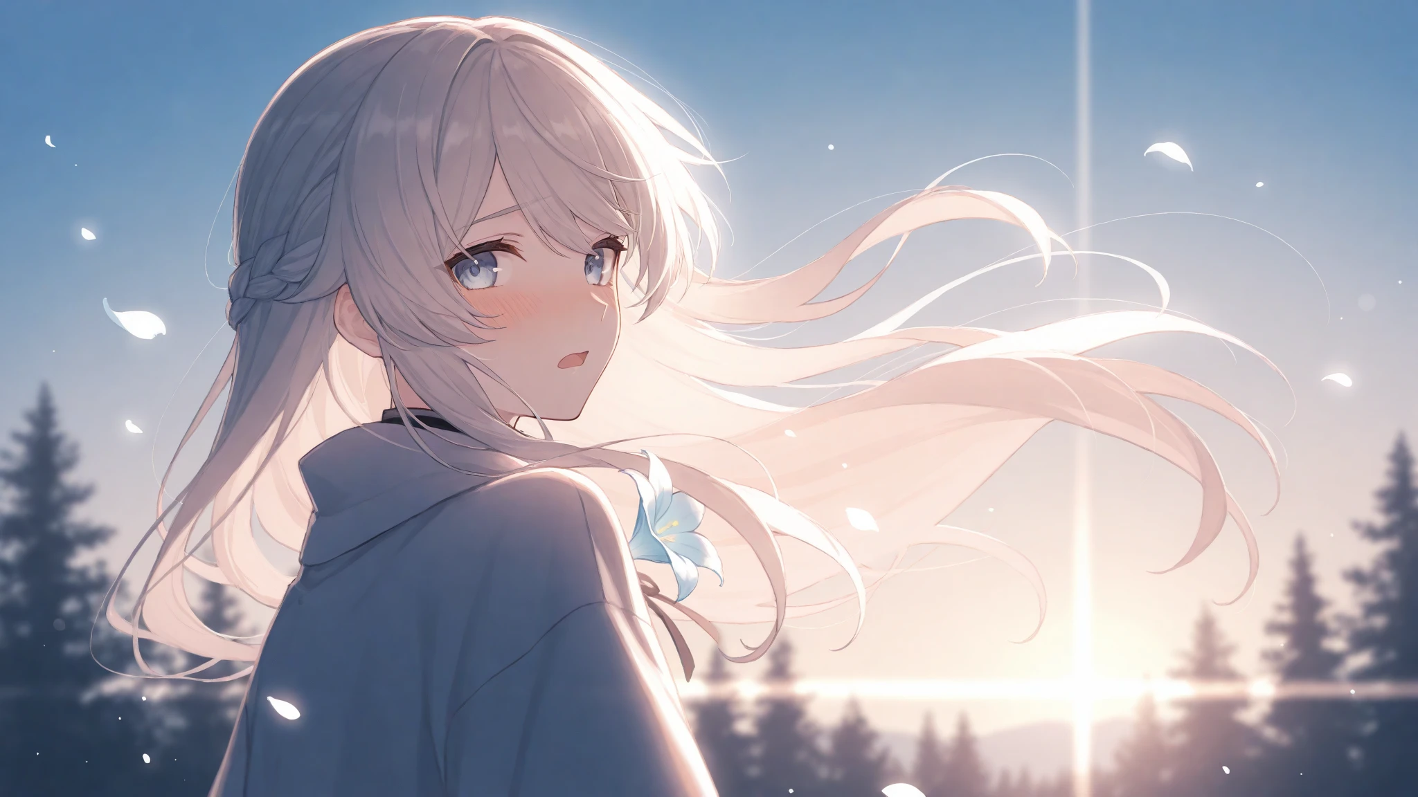 masterpiece, recent, very high resolution , top quality, Hire, 1 woman, Citlary, Genshin Impact, outdoors, nature, warm light, Cool Color , dim lighting , blurry background , Bokeh, light particles, Floating flower petals , horizontal line in the background , looking at the viewer, Embarrassed, Wave mouth , open mouth, eye