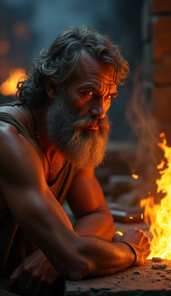 Photorealistic, cinematic quality, 8K resolution image of a middle-aged man with dark skin, thick black beard, and bushy eyebrows, holding a wooden staff in his right hand and a golden lamp in his left hand. He's wearing traditional Thai-inspired clothing, standing confidently in front of an ominous cave entrance. Inside the cave, streams of glowing lava are visible. The cave walls are rough and textured, with stalactites hanging from the ceiling. Dramatic lighting with a strong red glow emanates from the cave, casting warm, intense shadows on the man's face and clothing. The golden lamp in his hand provides a contrasting soft, golden light. Hyperrealistic style, highly detailed, similar to high-end Hollywood movie visual effects. Every detail should be crisp and lifelike, from the individual hairs in the man's beard to the intricate patterns on his clothing and the texture of the cave walls.