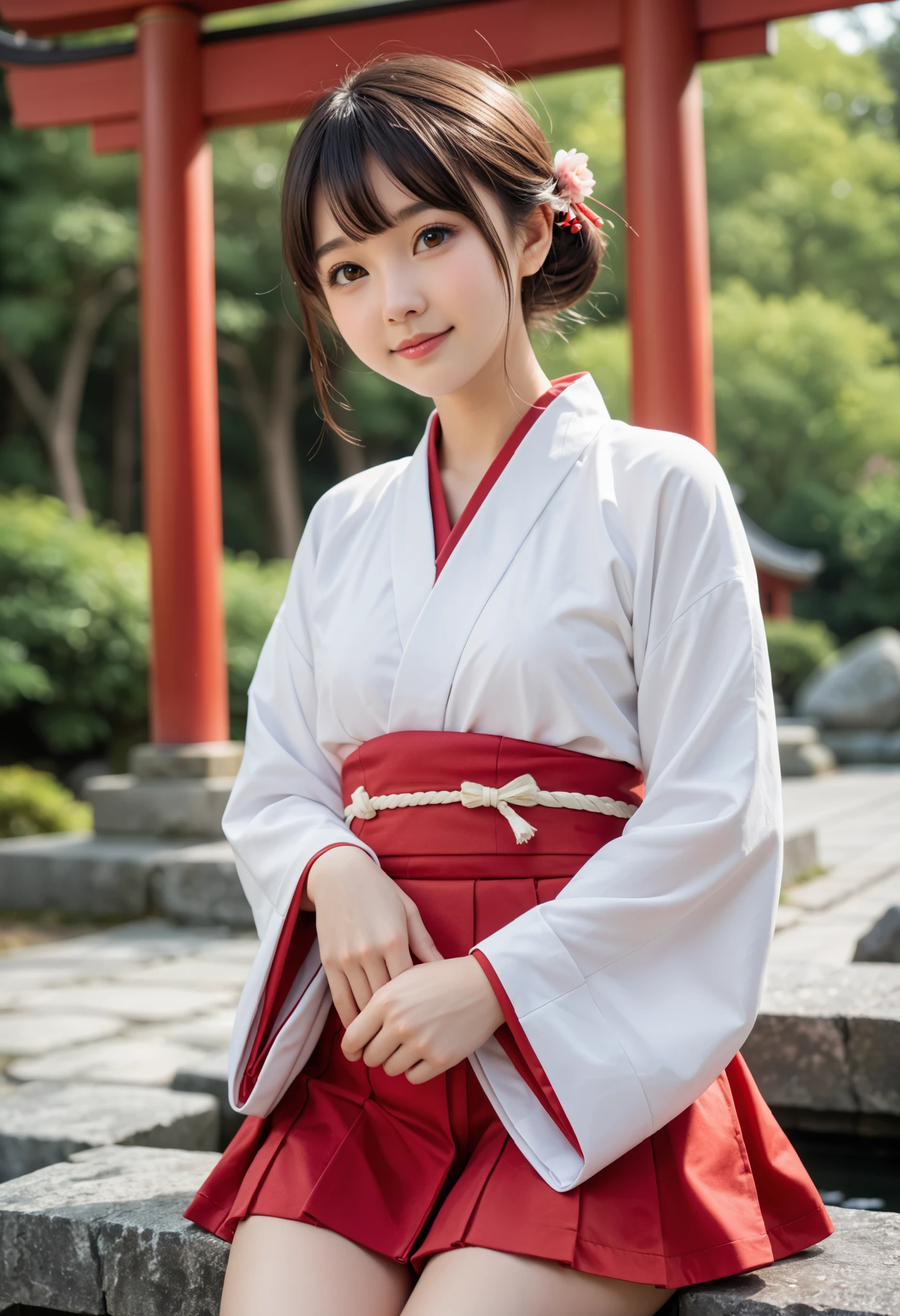 masterpiece, 8k, photorealistic , Raw photo, best quality, (1 Girl), (very beautiful  japanese girl),  bokeh depth of field , (cute, little:1.3), (very cute face:1.3), Symmetrical perfect face, beautiful brown short hair, bangs, hair is messy, beautiful black eyes, small natural breasts, beautiful thighs, perfect anatomy, (japanese shrine miko:1.3), (red mini skirt), glowing skin, (high detail skin:1.2), (dynamic pose:1.3), (japanese shrine, starry sky), 