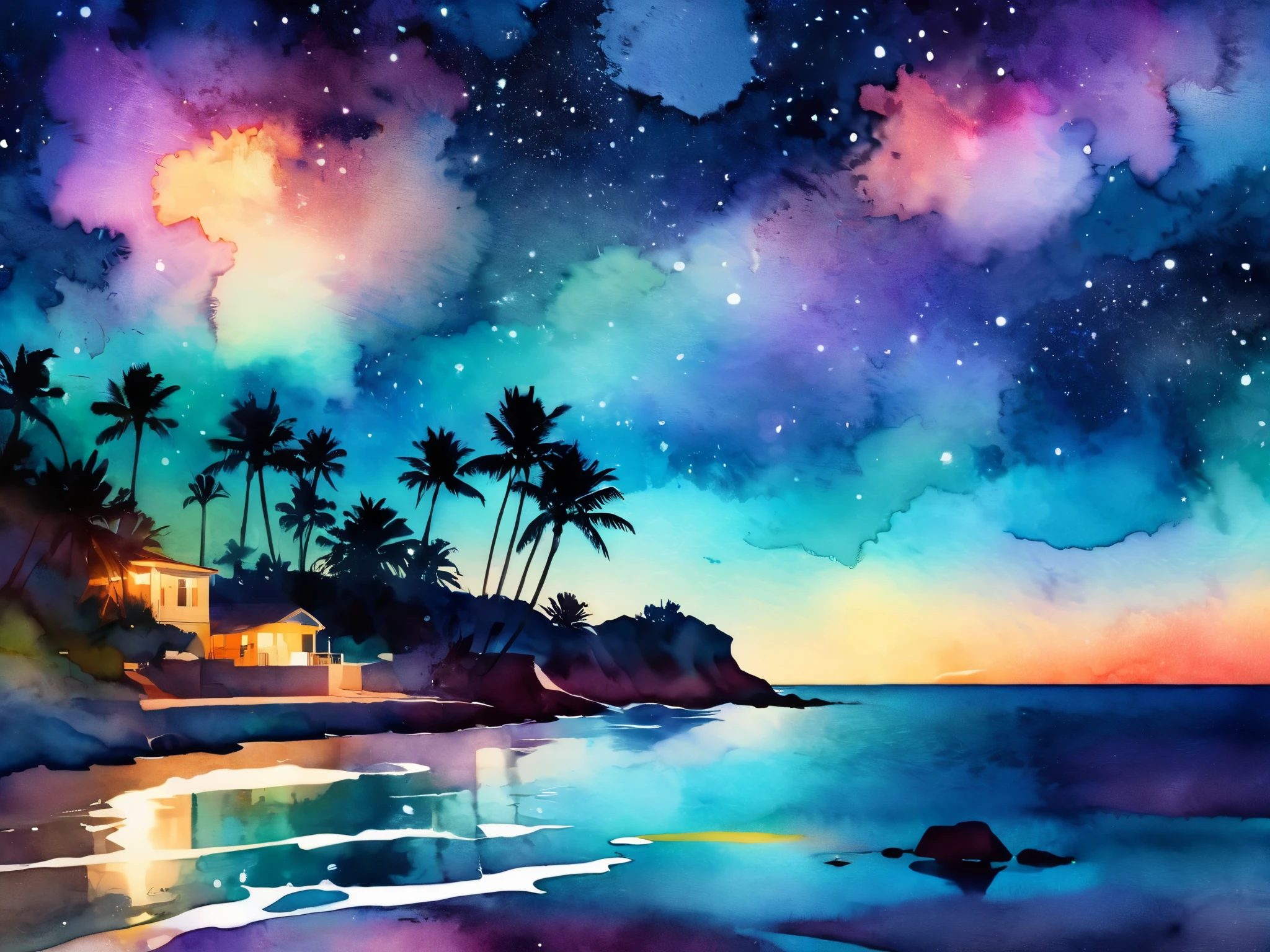  Stylized Double Exposure Watercolor,  Kane Griffith Style , Connor Rosette.  . olorized seascape at night, Starry Sky.  Slightly Impressionist , Wide range of colors,  ultra high definition,  art.  trending in Behance . 8k, 500px Quality .  cinematic lighting .  Inspired by Vintage Photographs ,  Layered Silhouettes on the Oaxaca Coast in Mila Nedialkova's Style ,  Tanya Shacheva and Ana Santos.
high resolution, 300 DPI, high quality. No text or signature in the image

