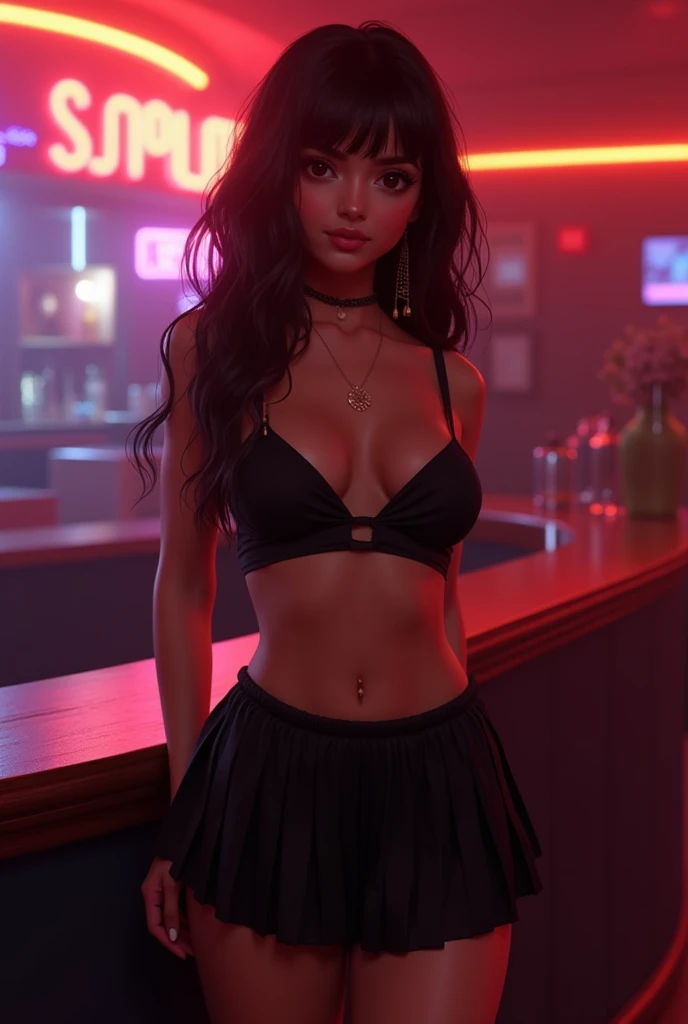 americana, black curlyhair, holding a pink drink with a pearly tone, the atmosphere and a night bar. PICTURE REALISTIC. 4K