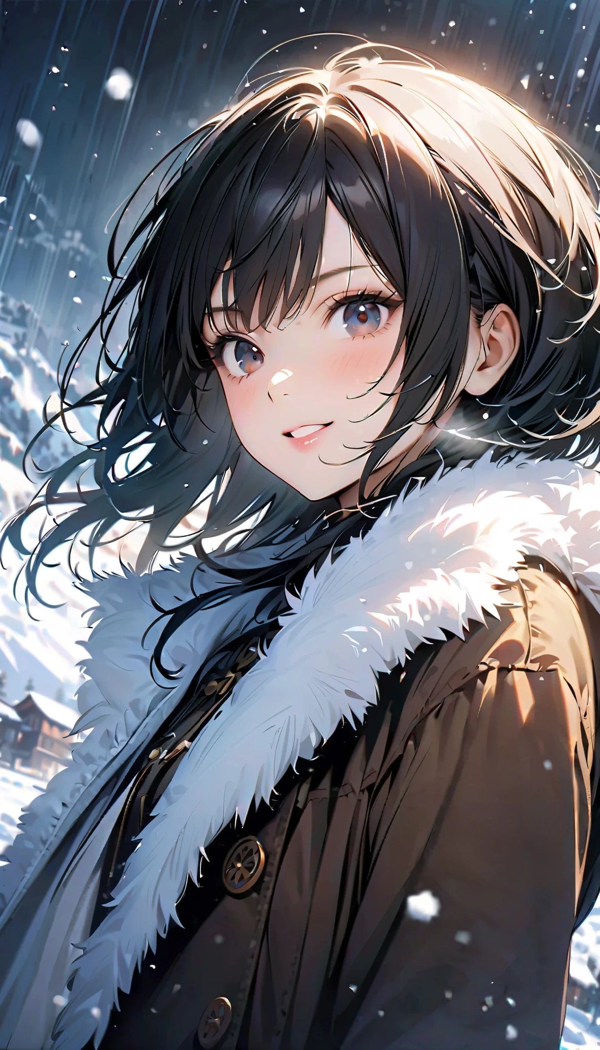 ( best quality :1.2, very detailed, Latest, lively, best quality , Aesthetics at its best) , Face Up Shot, ((( very detailed目と顔))), Official Art, 8k Ultra HD, very detailed, Delicate and dynamic, blurred background , Outdoors, daytime, Hiku Snow Scenery , there's snow on the ground, it's snowing, Falling Snow, winter, White World, is dazzling, one woman, 2.5D, smile, black eyes, black hair, young, Fluffy winter clothes, Get excited, dynamic pose, dynamic angle, Realistic, her breath is white