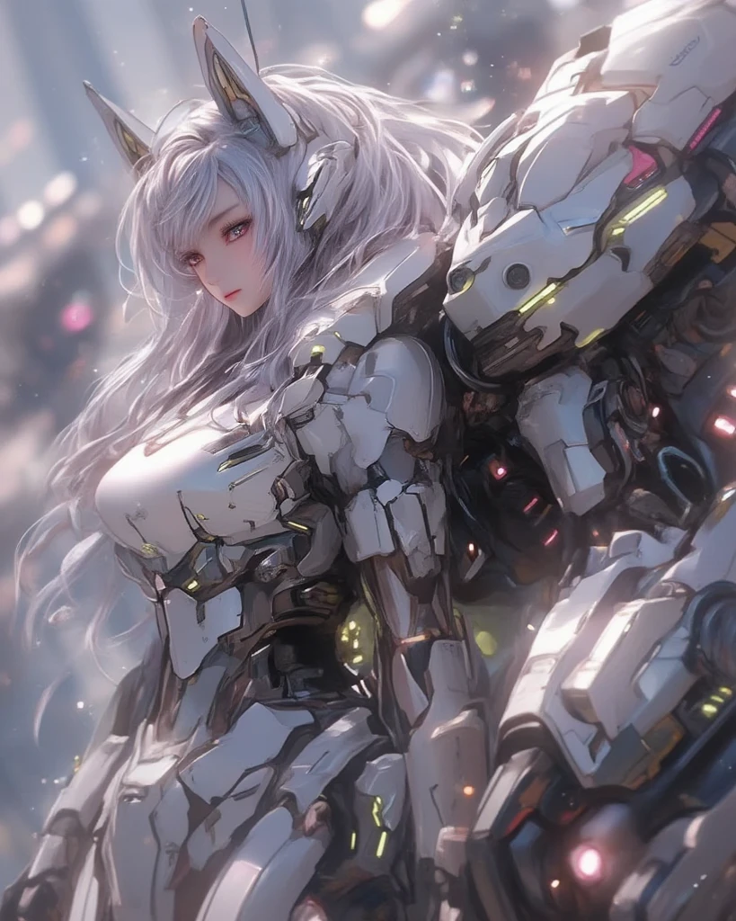 (best quality,4k,8k,highres,masterpiece:1.2, portrait), ultra-detailed, realistic, Mecha Angel cat-girl, big blue eyes, expressive eyes, huge breasts, gigantic tits, cat ears, mechanical angel wings, long hair, silver hair, imposing, gorgeous, sexy, robotic angel, superhero pose, daring pose, striking pose