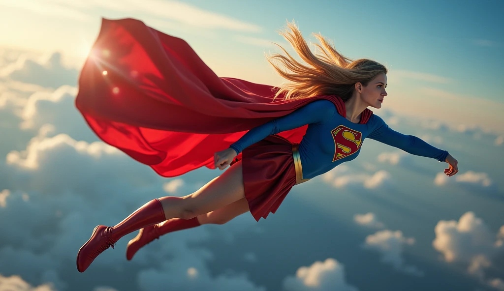 a creative photorealistic sideview picture of supergirl illustrating how powerful she is, with an aura of energy and a very determined expression as she is flying at a ludicrous speed over planet Earth. She is wearing a glossy shiny version of her costume