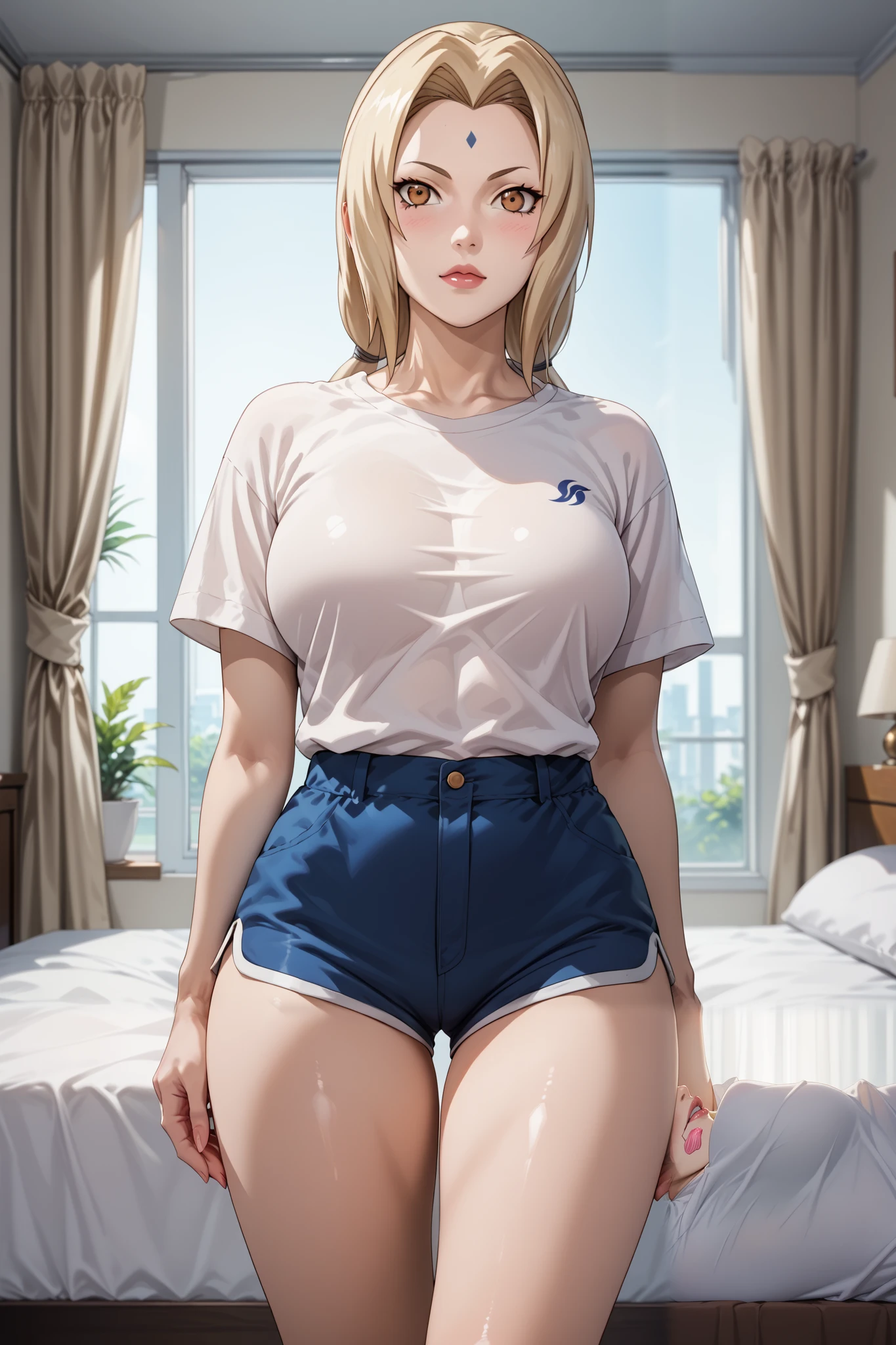 Masterpiece, extremely detailed,solo,1girl,tsunade,((stand up)),thin lips,sexy propotional body,fullbody,long legs, beautiful legs,slim perfect body,beauty anime face,very large breasts,white bright skin,blushes cheek,perfect eyes,((white t-shirt)),shorts,white long sock,looking at viewers,arms behind back,bed rooms,photograph,cowboy shot