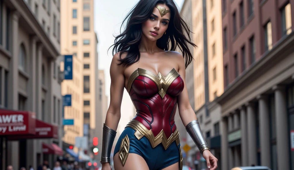 Foto hiperrealista en primer plano de Willa Fitzgerald Wearing a high-quality Wonder Woman suit, on the city street, masterpiece, best quality, (photorealistic:1.4), full body, cinematic light, beautiful woman, skinny, small breasts, straight brown hair, detailed face, smile, photo taken from a distance, age 20 tears old