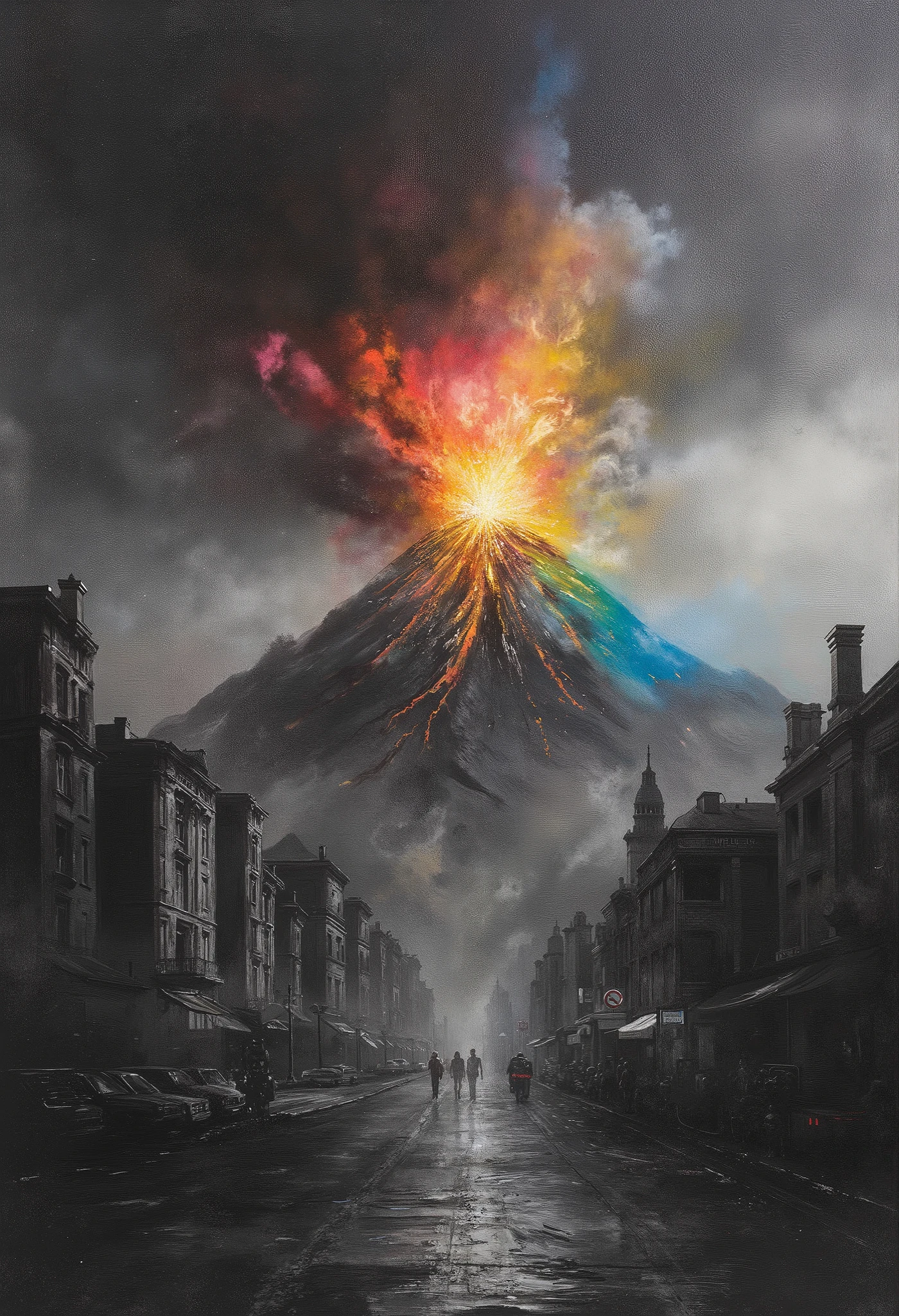 Street painting with mountains in the background, volcano, Mount Doom , Eruption, rob mcnaughton, dan mumford tom bagshaw, Apocalyptic Art, volcano exploding, volcano, by Mór Adler , oil on canvas; Nuclear radiation, volcano Eruption, Apocalyptic Art, 乔恩·麦克诺顿, volcano Eruption, Epic Oil Painting , amazing art