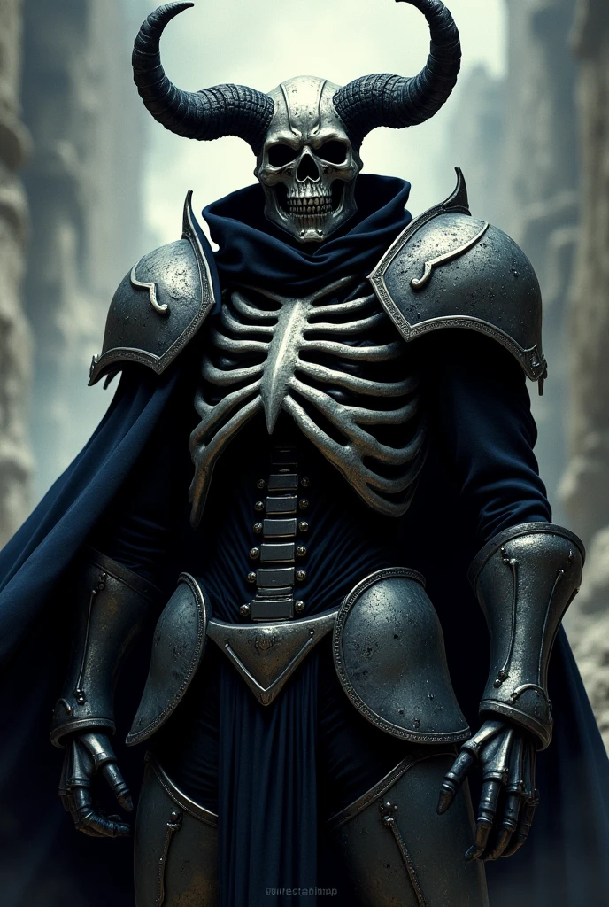 Black iron armor with silver ornaments, shoulder pads of a human skull helmet of a human skull