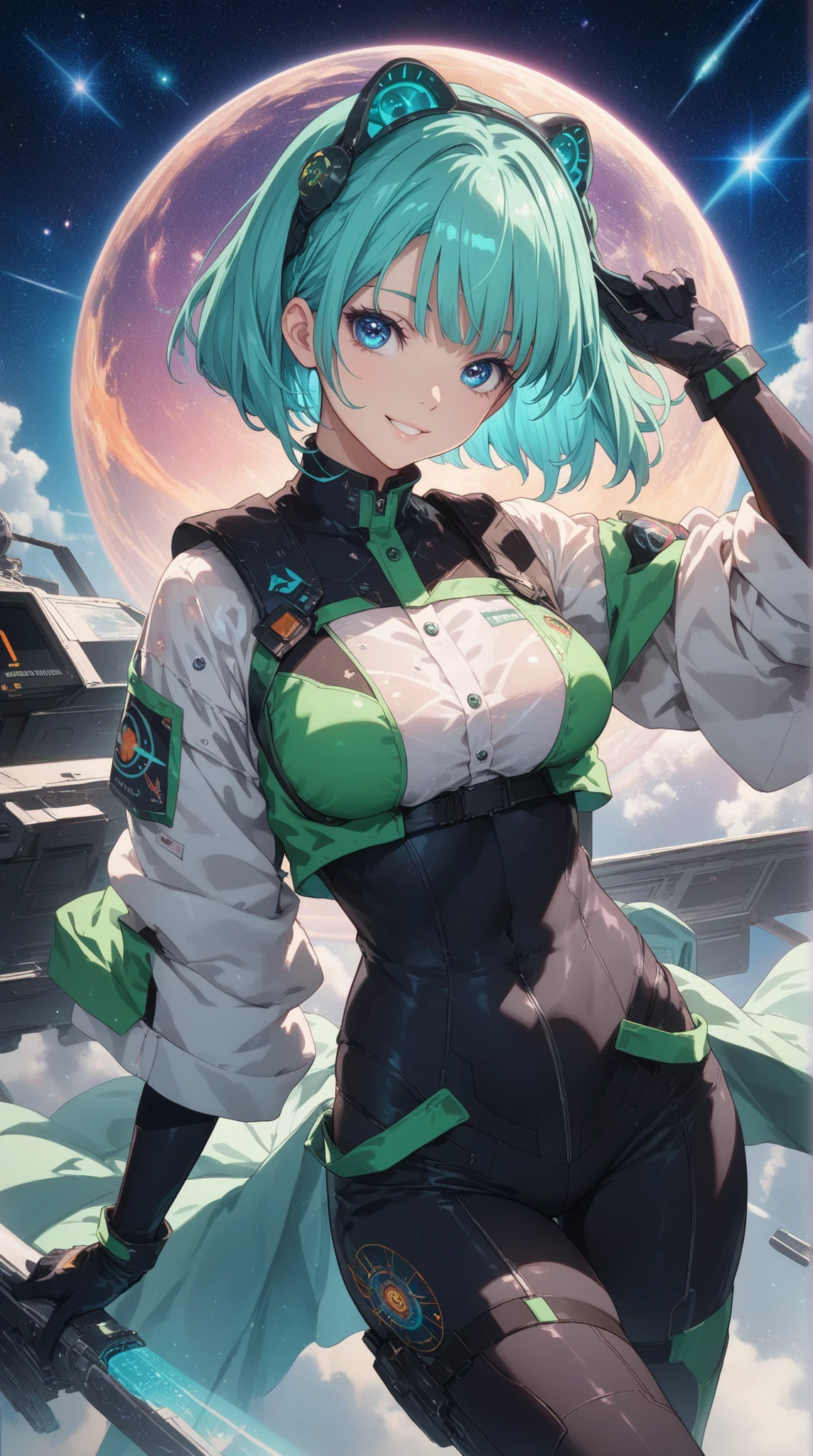1girl, boots, breasts, cleavage, cleavage cutout, clothing cutout, full body, gloves, green hair, gun, handgun, holding, holding gun, leotard, long hair, purple eyes, solo, standing, thigh boots, thighhighs, turtleneck, weapon, white leotard, white space helmet, blue glow, outer space, spacesuit