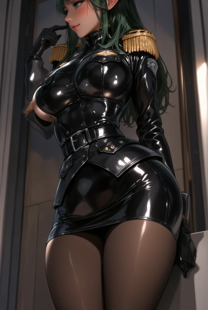 Senna from League of Legends as a secretary, large breasts, hololive Japan, anime hyperrealism, photorealistic, 8k, super thick but slender, small waist, professional attire, turtleneck sweater dress, office scene, high maintenance secretary, dreadlocks, nappy hair, sexy, camel toe, panty shot, cleavage