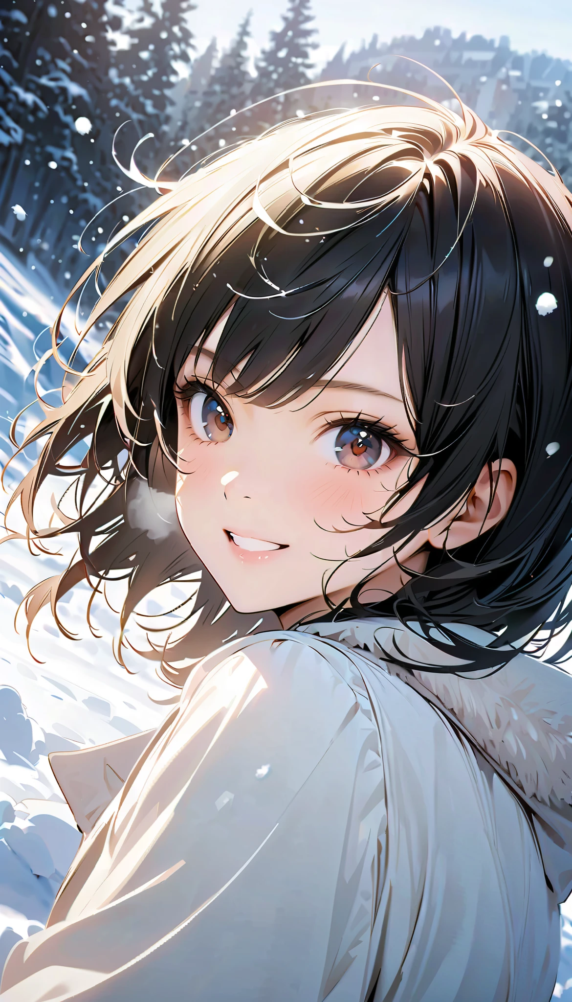 ( best quality :1.2, very detailed, Latest, lively, best quality , Aesthetics at its best) , Face Up Shot, ((( very detailed目と顔))), Official Art, 8k Ultra HD, very detailed, Delicate and dynamic, blurred background , Outdoors, daytime, Hiku Snow Scenery , there's snow on the ground, it's snowing, Falling Snow, winter, White World, is dazzling, one woman, 2.5D, smile, black eyes, black hair, young, Fluffy winter clothes, Get excited, dynamic pose, dynamic angle, Realistic, her breath is white
