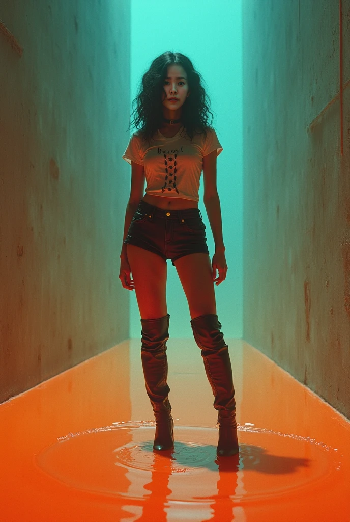 70s setting, grainy analog film,epic, abstract, stylish artwork, modern art, masterpiece, indulges in fetish, rubber black stockings, vintage jeans cut-offs, t-shirt, slave collar, stuck in substance, red, black slime,