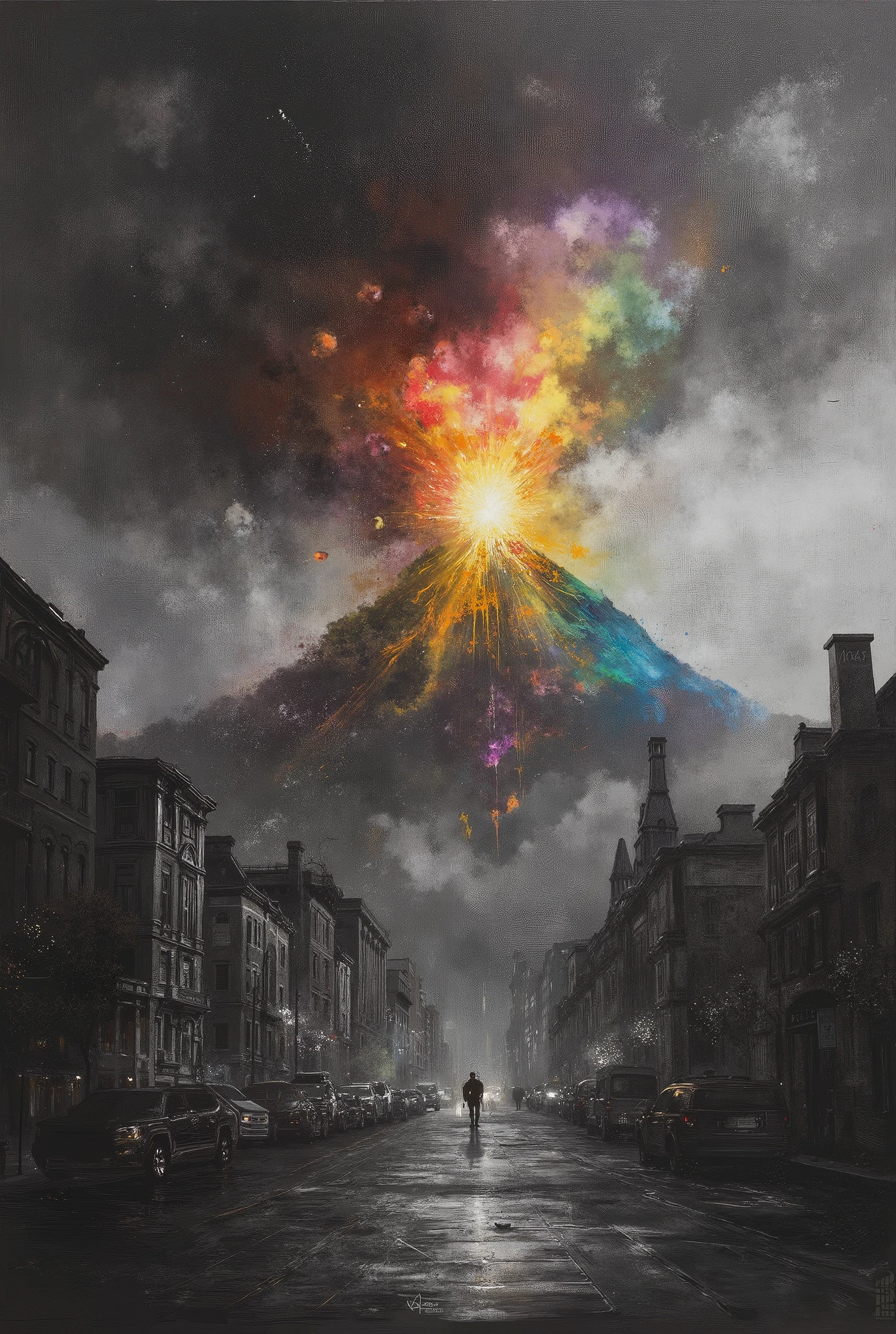 Street painting with mountains in the background, volcano, Mount Doom , Eruption, rob mcnaughton, dan mumford tom bagshaw, Apocalyptic Art, volcano exploding, volcano, by Mór Adler , oil on canvas; Nuclear radiation, volcano Eruption, Apocalyptic Art, 乔恩·麦克诺顿, volcano Eruption, Epic Oil Painting , amazing art