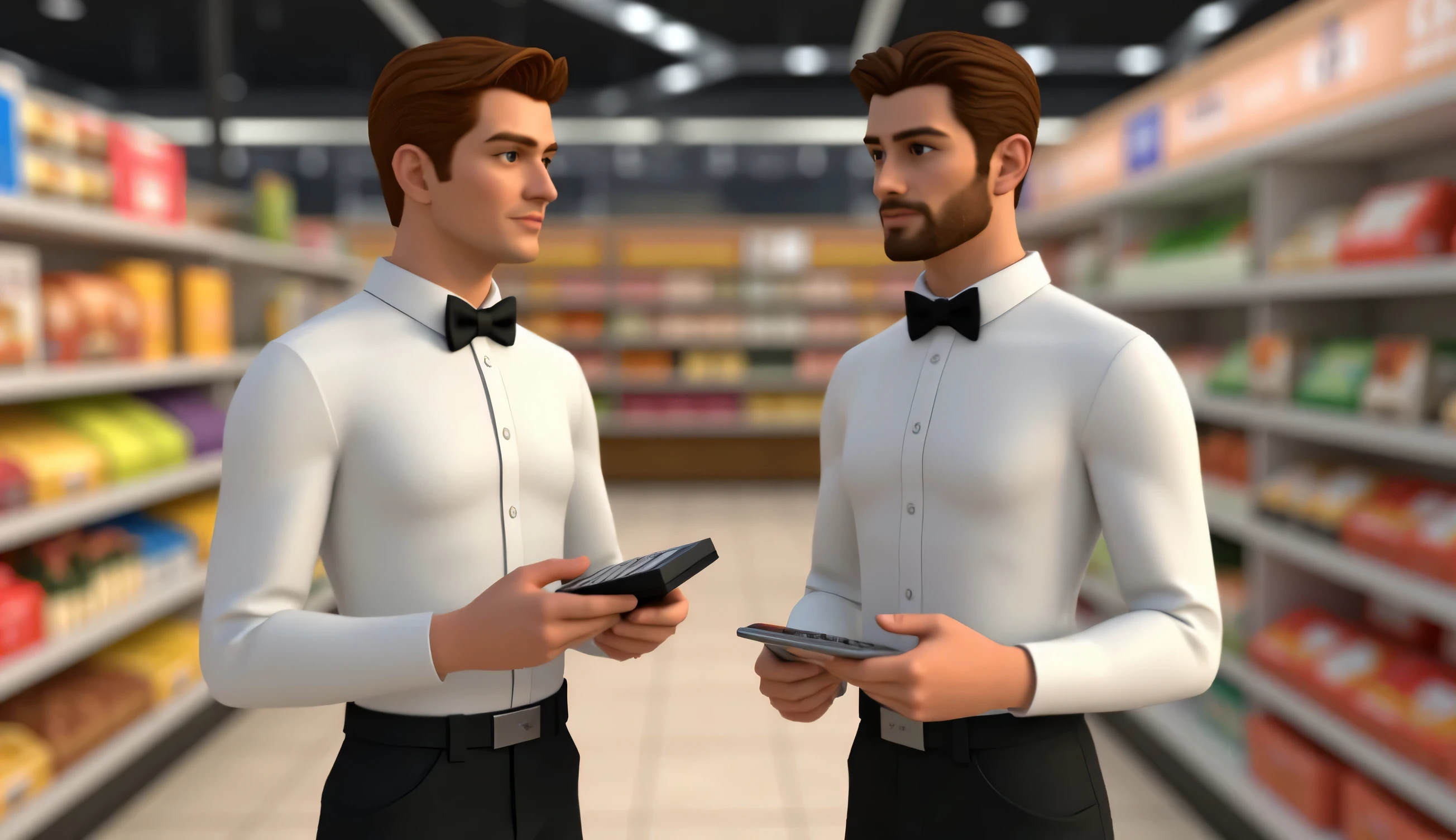A European and American man with short hair ， wearing a white shirt ， with a black bow tie at the neckline ,  wearing black pants on her lower body ， has short brown hair, holding a calculator in her hand  ，Calculating，Supermarket simulation game，3D Characters